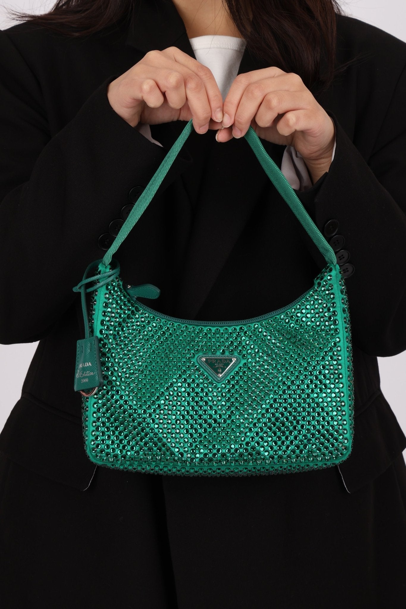 Prada Satin Crystal Mini Re - Edition 2000 Bag in Green Mango - FashioNica