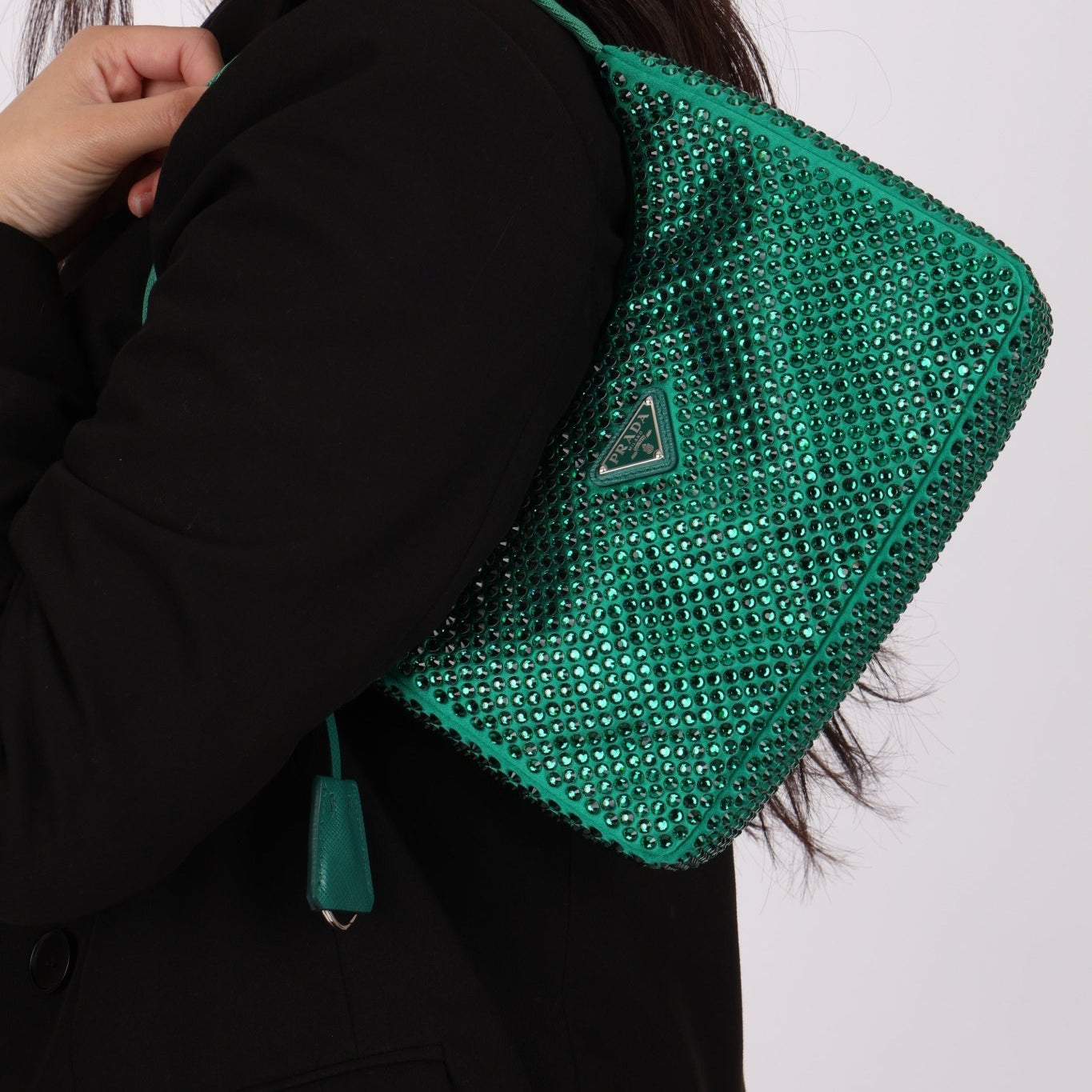 Prada Satin Crystal Mini Re - Edition 2000 Bag in Green Mango - FashioNica