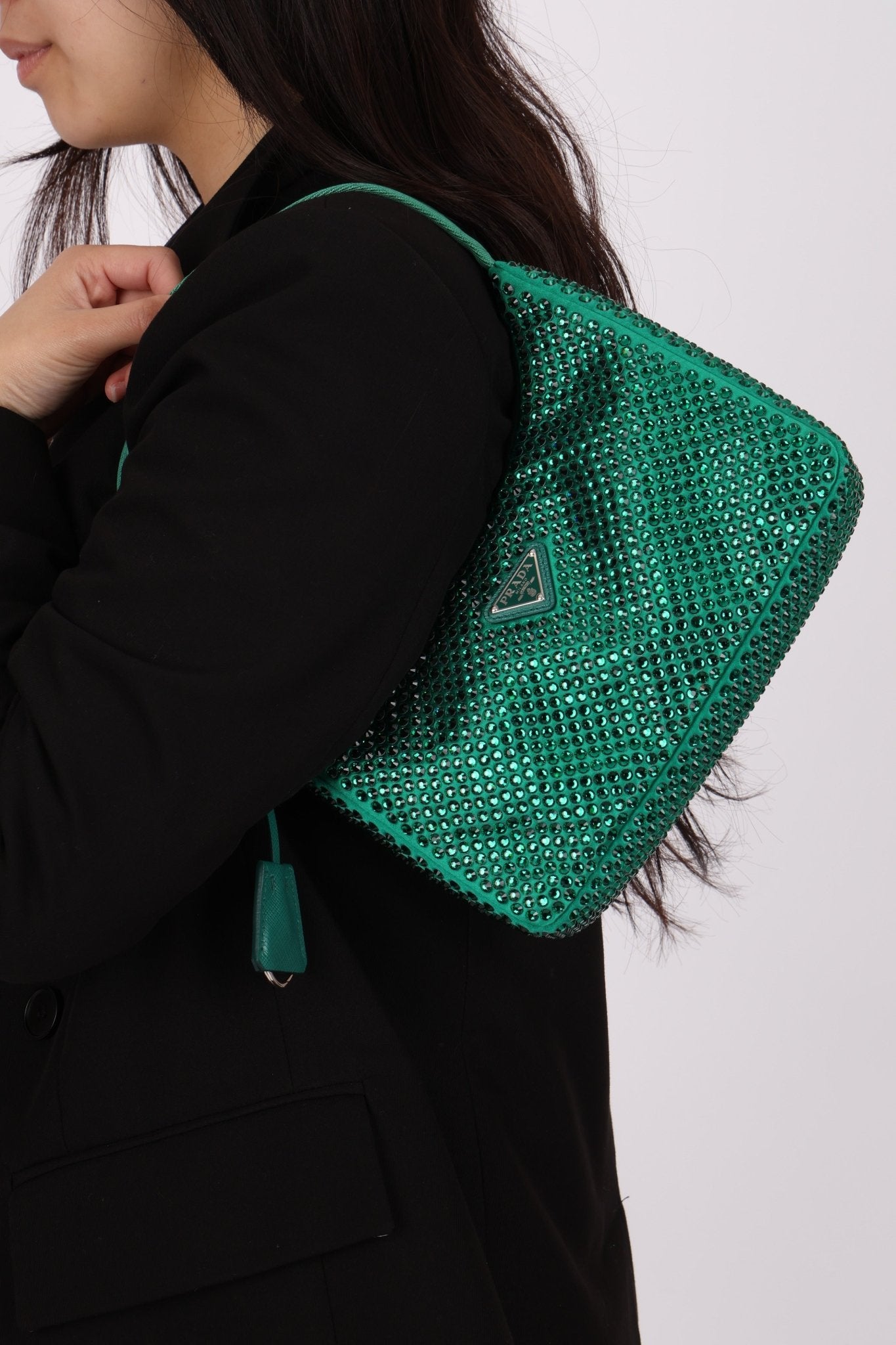 Prada Satin Crystal Mini Re - Edition 2000 Bag in Green Mango - FashioNica