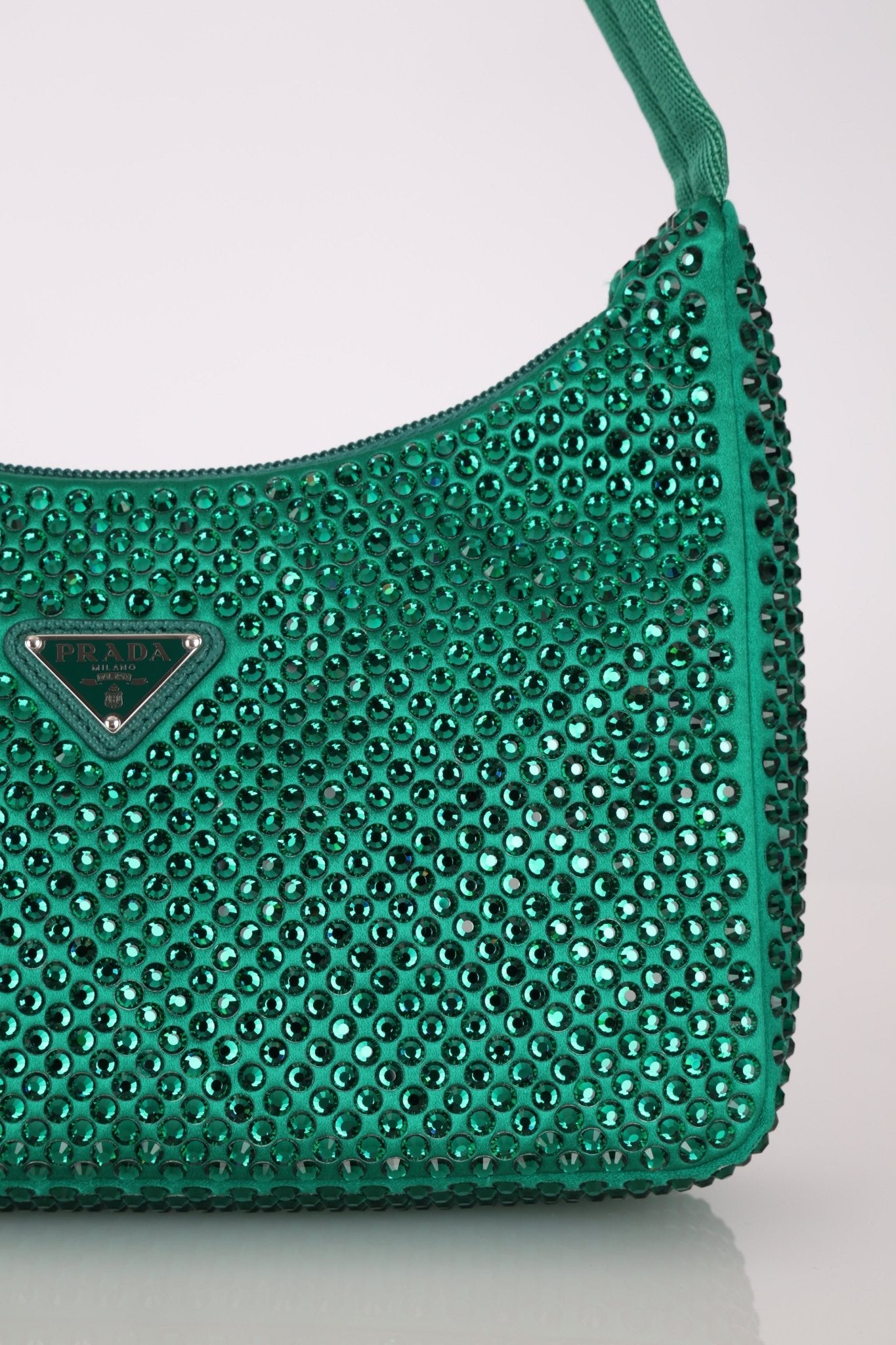 Prada Satin Crystal Mini Re - Edition 2000 Bag in Green Mango - FashioNica