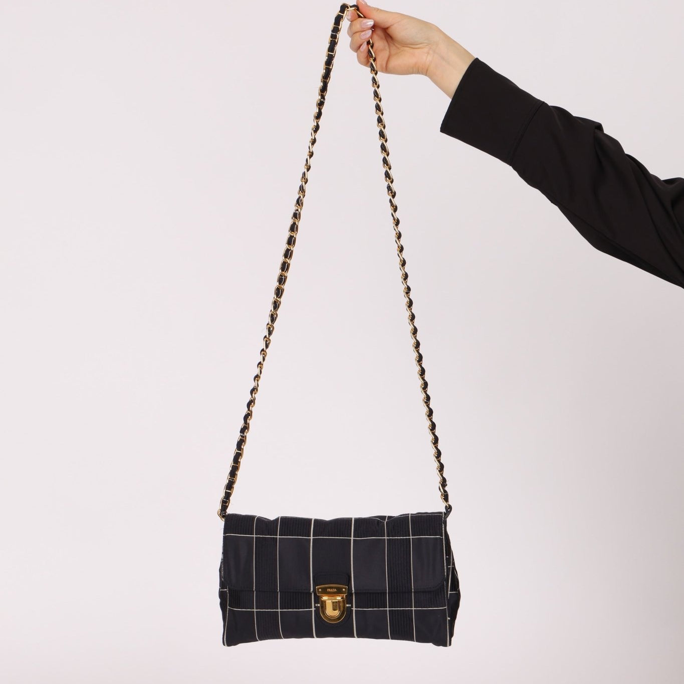 Prada Satin Windowpane Chain Shoulder Bag - FashioNica