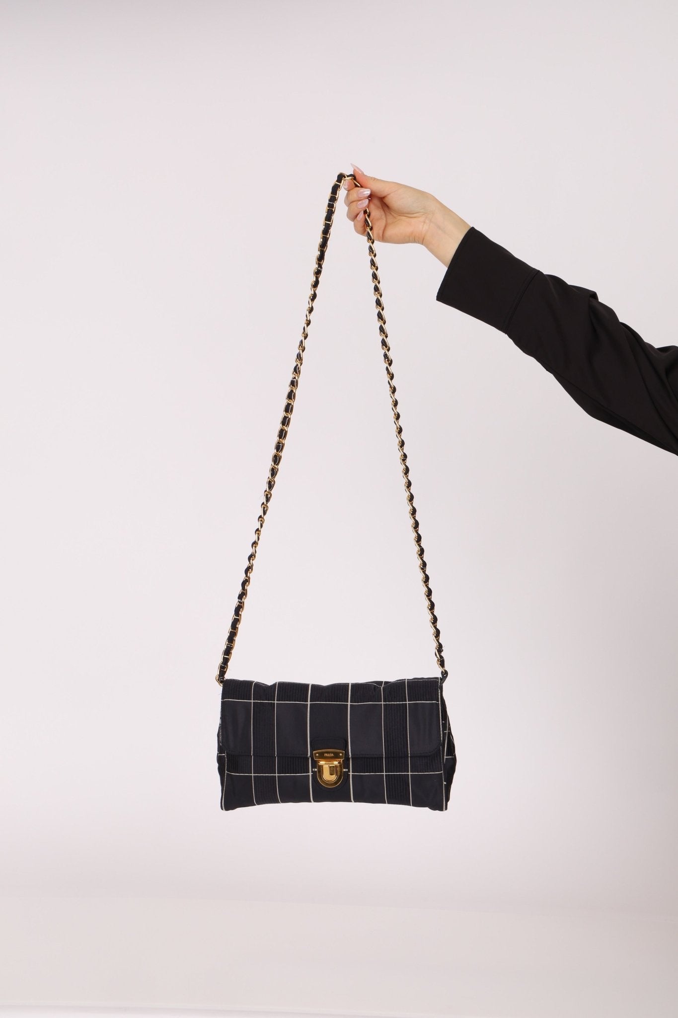 Prada Satin Windowpane Chain Shoulder Bag - FashioNica