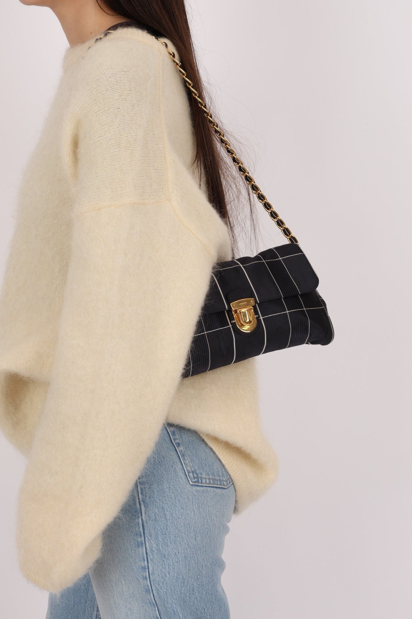 Prada Satin Windowpane Chain Shoulder Bag - FashioNica