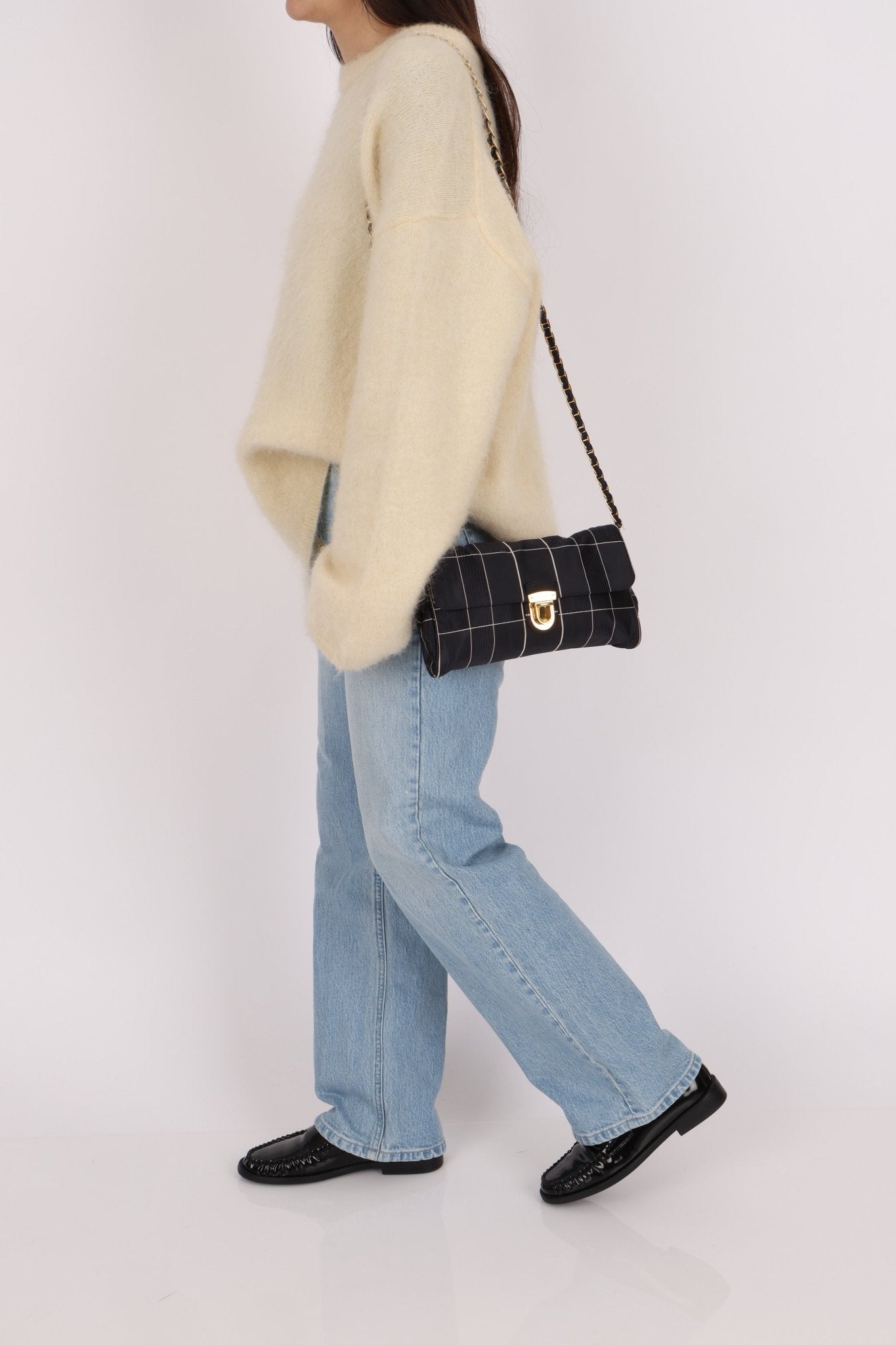 Prada Satin Windowpane Chain Shoulder Bag - FashioNica