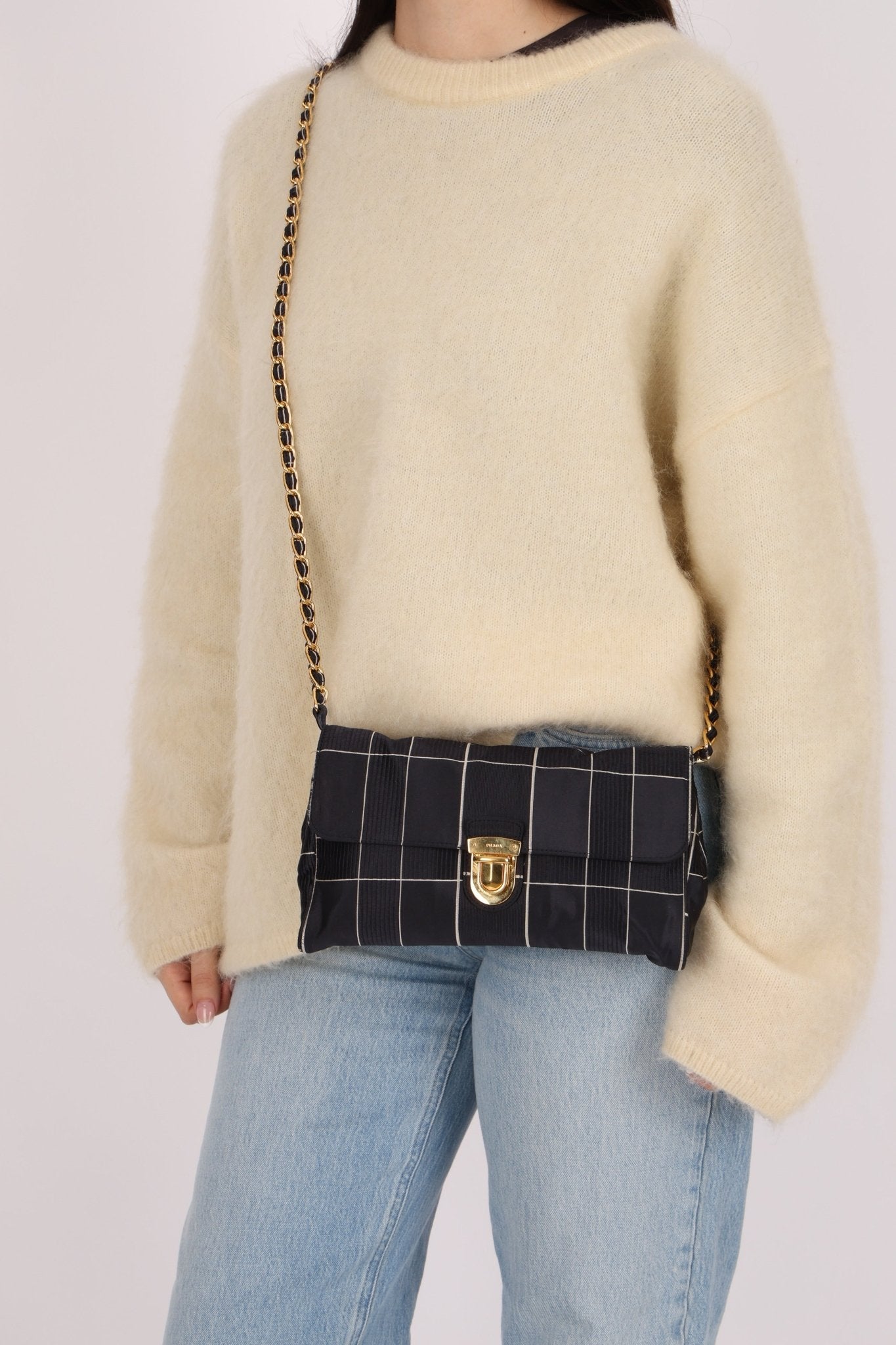 Prada Satin Windowpane Chain Shoulder Bag - FashioNica