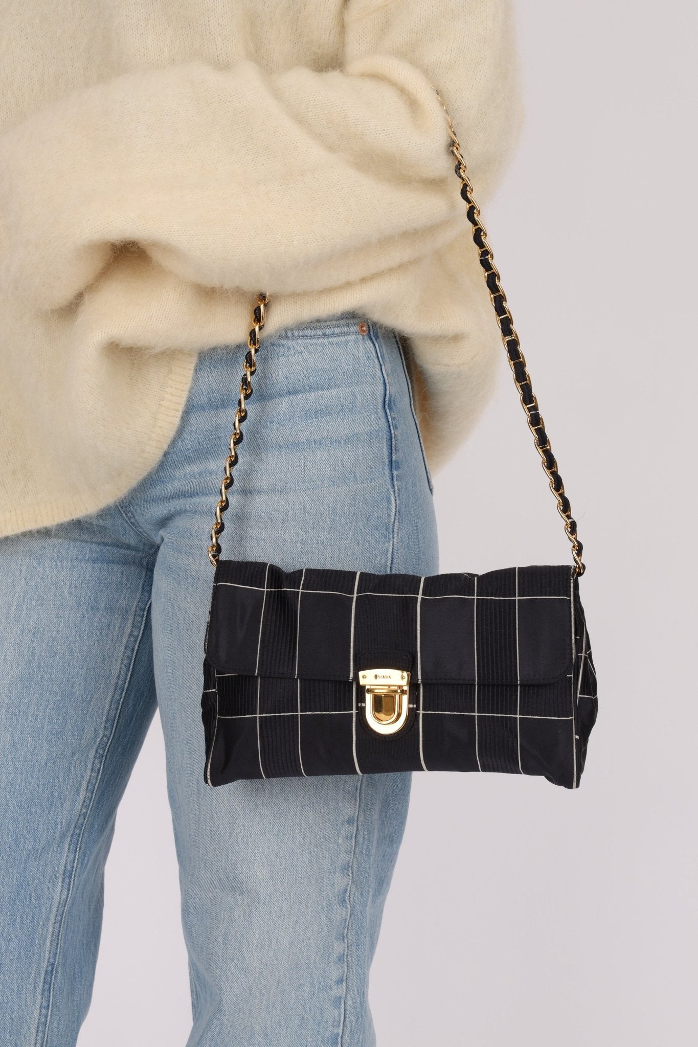 Prada Satin Windowpane Chain Shoulder Bag - FashioNica