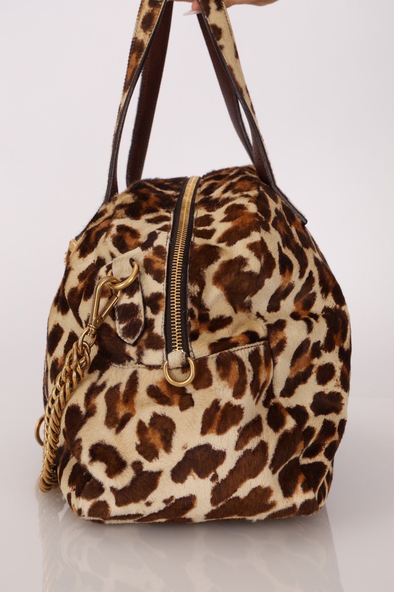 Prada Showline Collection Leopard Calfskin Gold Chain Bowling Tote - FashioNica