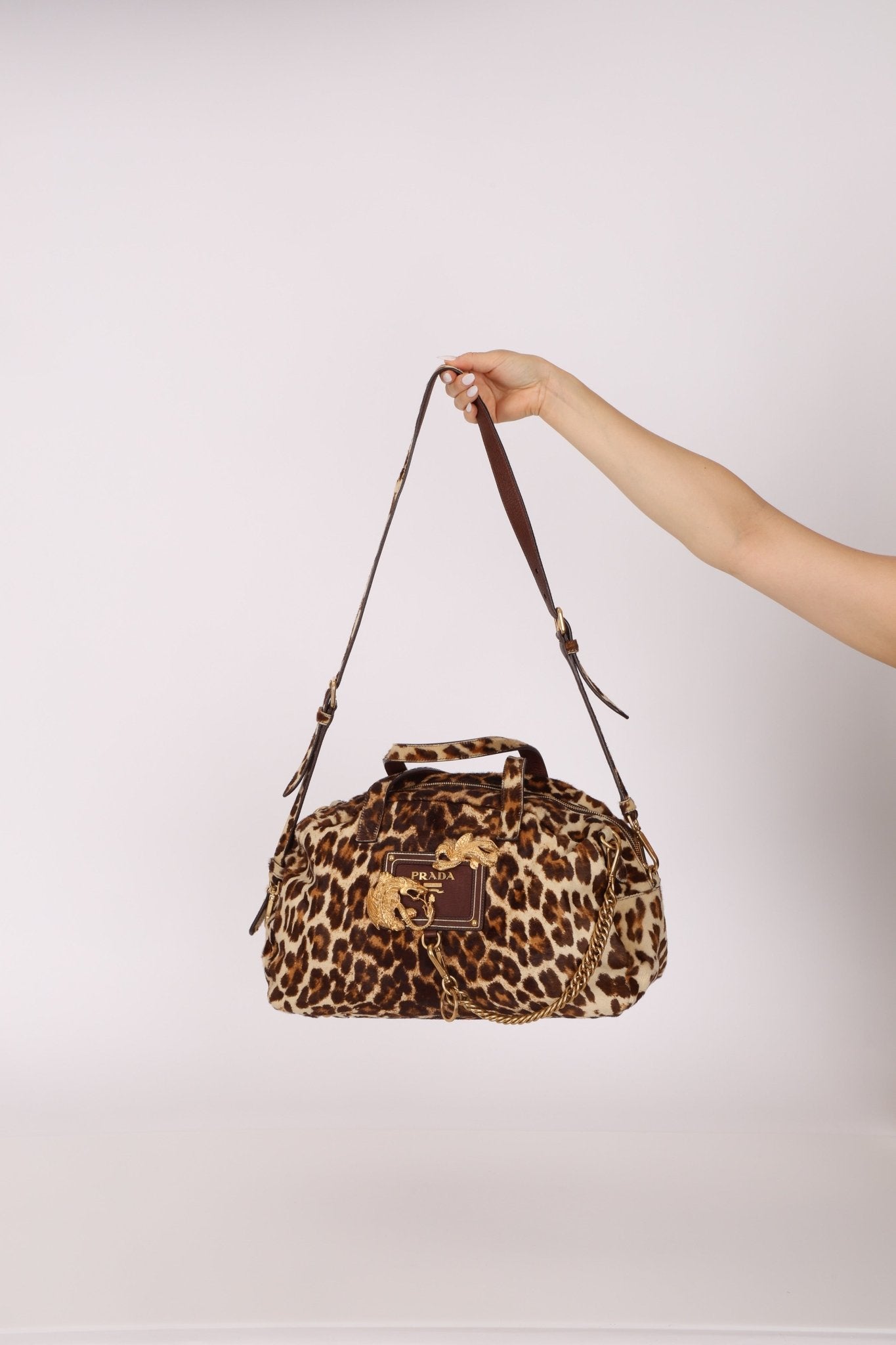 Prada Showline Collection Leopard Calfskin Gold Chain Bowling Tote - FashioNica