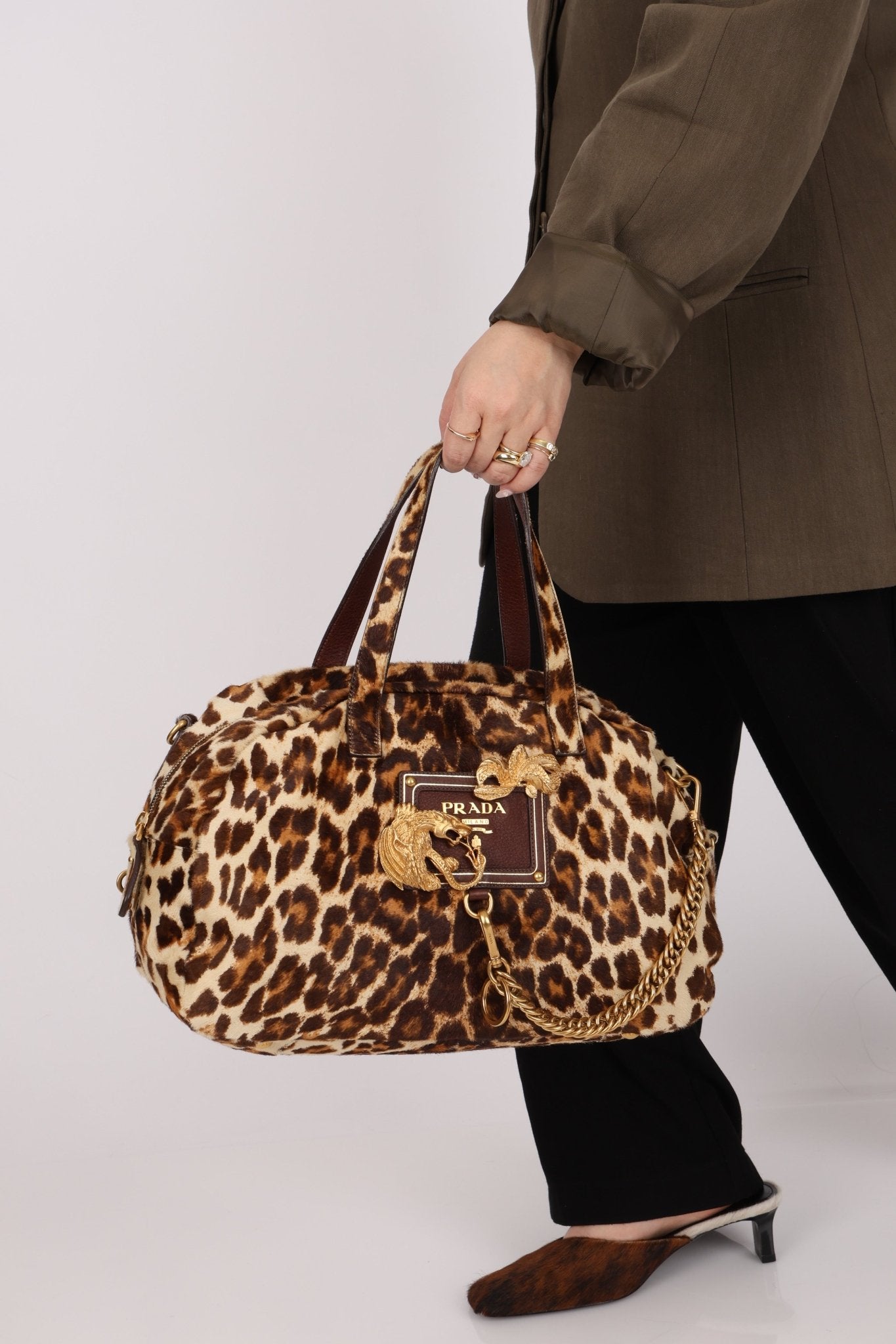 Prada Showline Collection Leopard Calfskin Gold Chain Bowling Tote - FashioNica