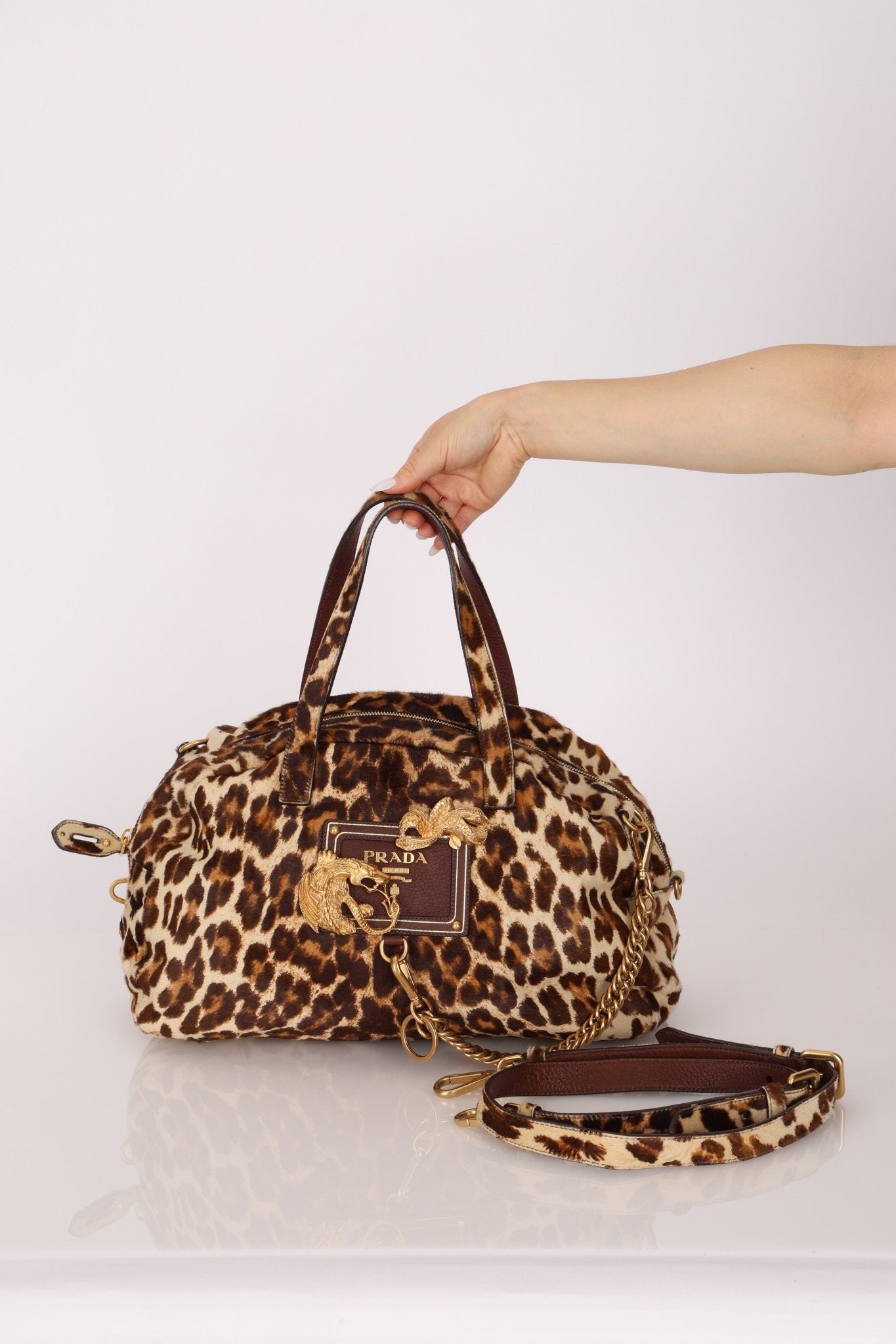 Prada Showline Collection Leopard Calfskin Gold Chain Bowling Tote - FashioNica