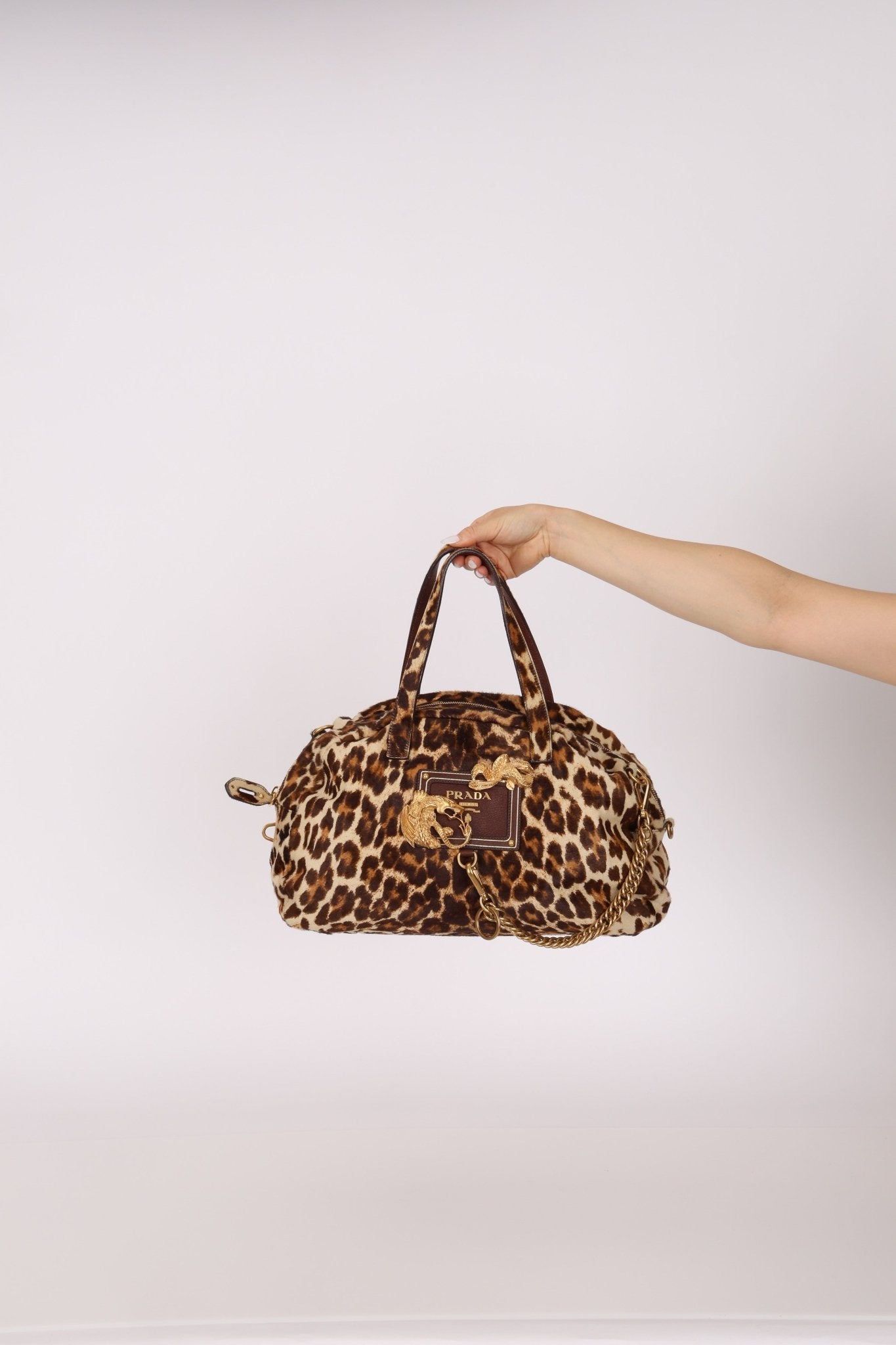 Prada Showline Collection Leopard Calfskin Gold Chain Bowling Tote - FashioNica