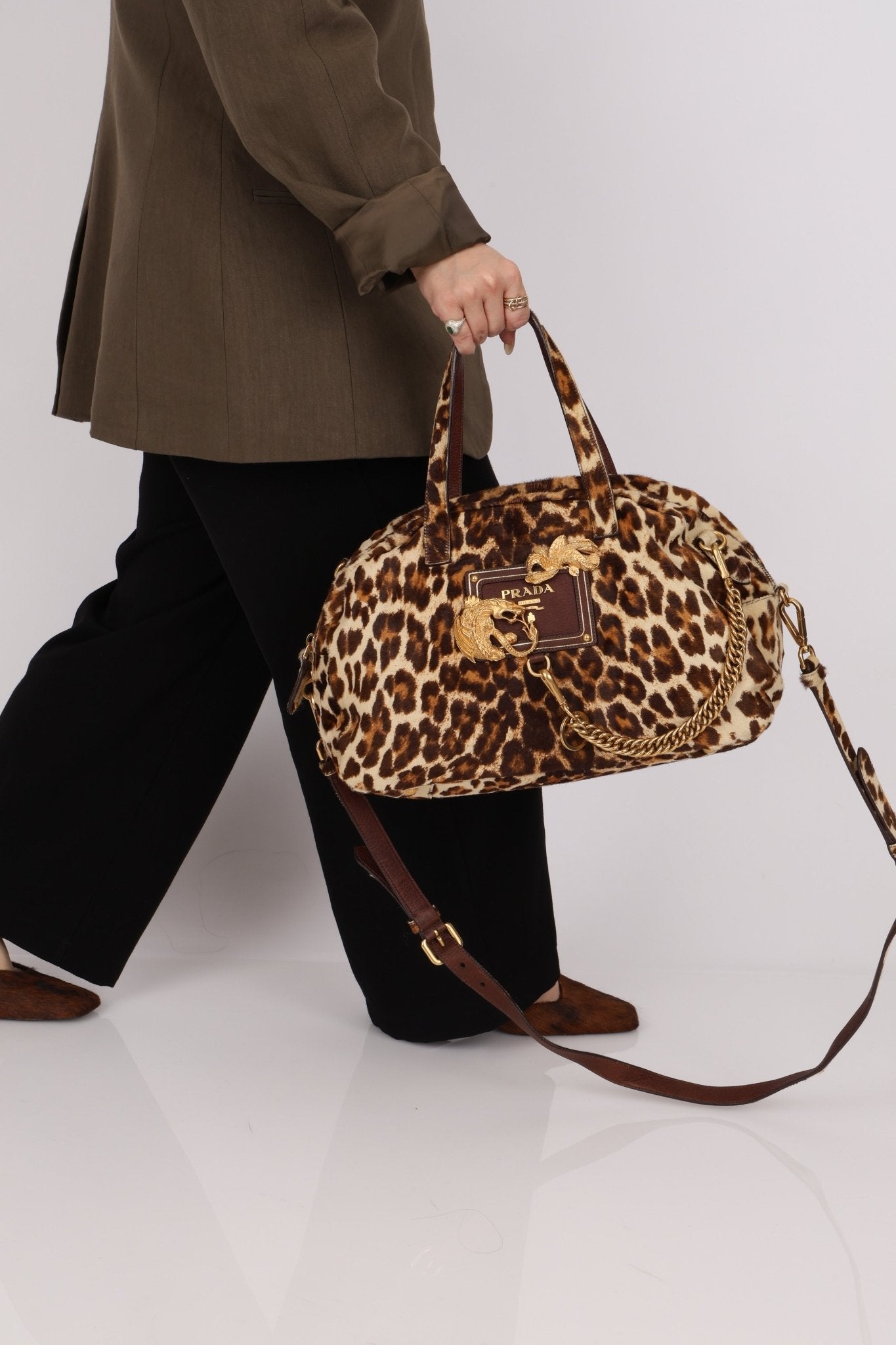 Prada Showline Collection Leopard Calfskin Gold Chain Bowling Tote - FashioNica