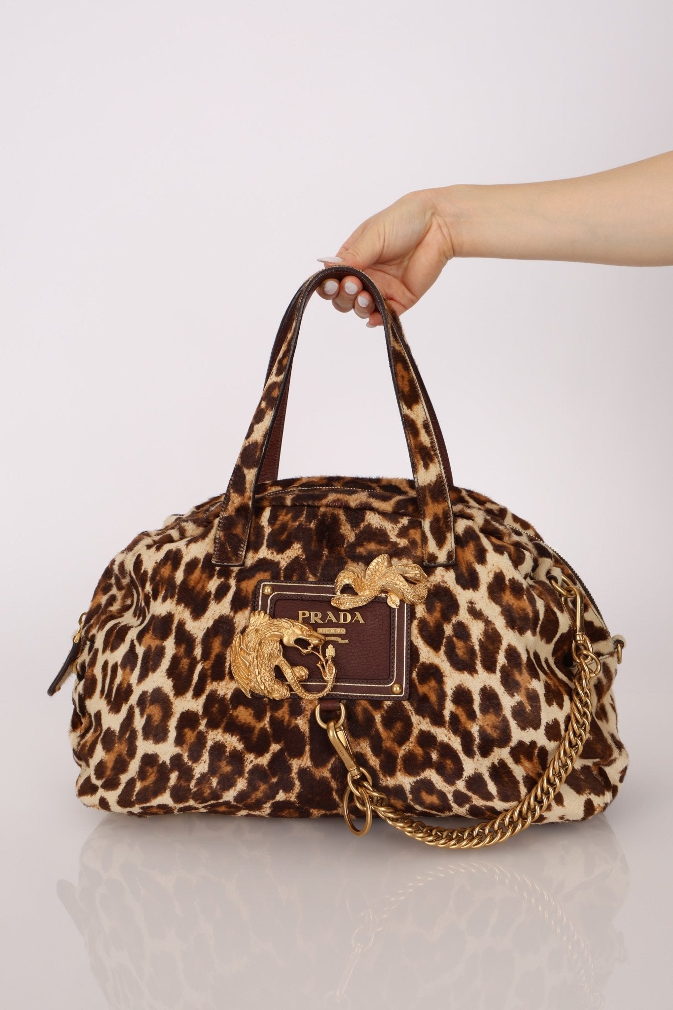Prada Showline Collection Leopard Calfskin Gold Chain Bowling Tote - FashioNica