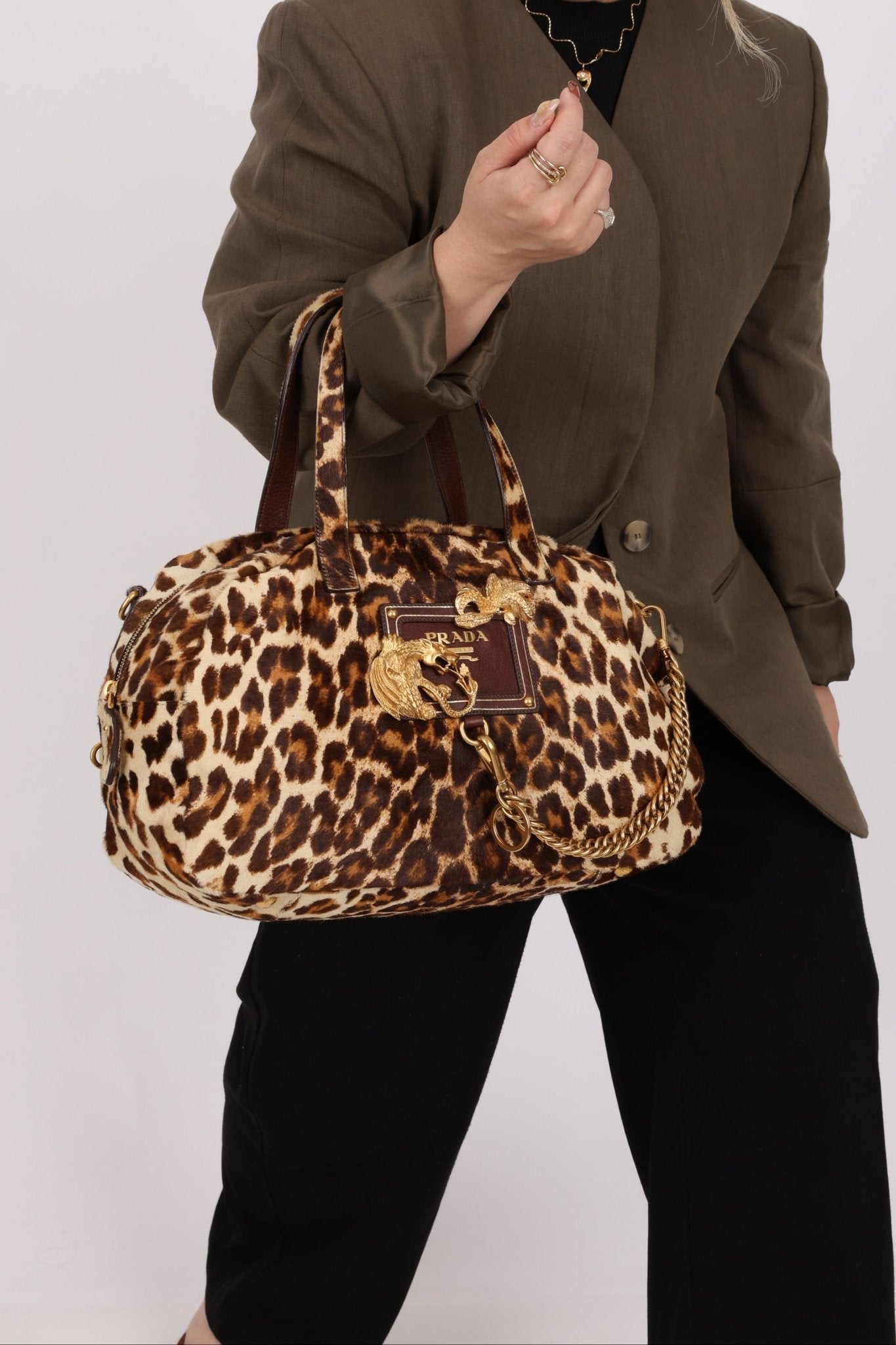 Prada Showline Collection Leopard Calfskin Gold Chain Bowling Tote - FashioNica