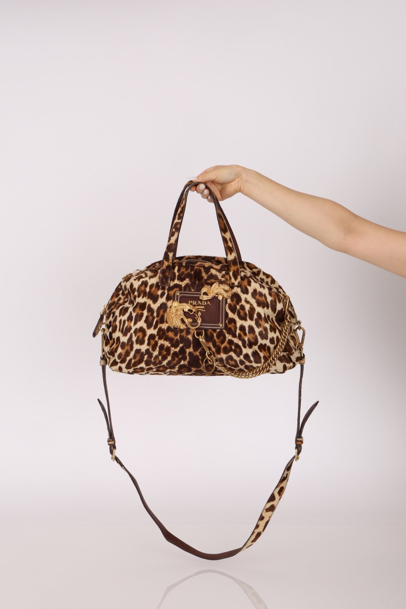 Prada Showline Collection Leopard Calfskin Gold Chain Bowling Tote - FashioNica