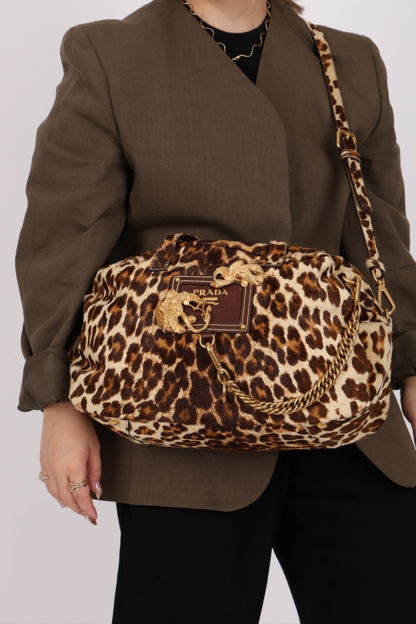Prada Showline Collection Leopard Calfskin Gold Chain Bowling Tote - FashioNica