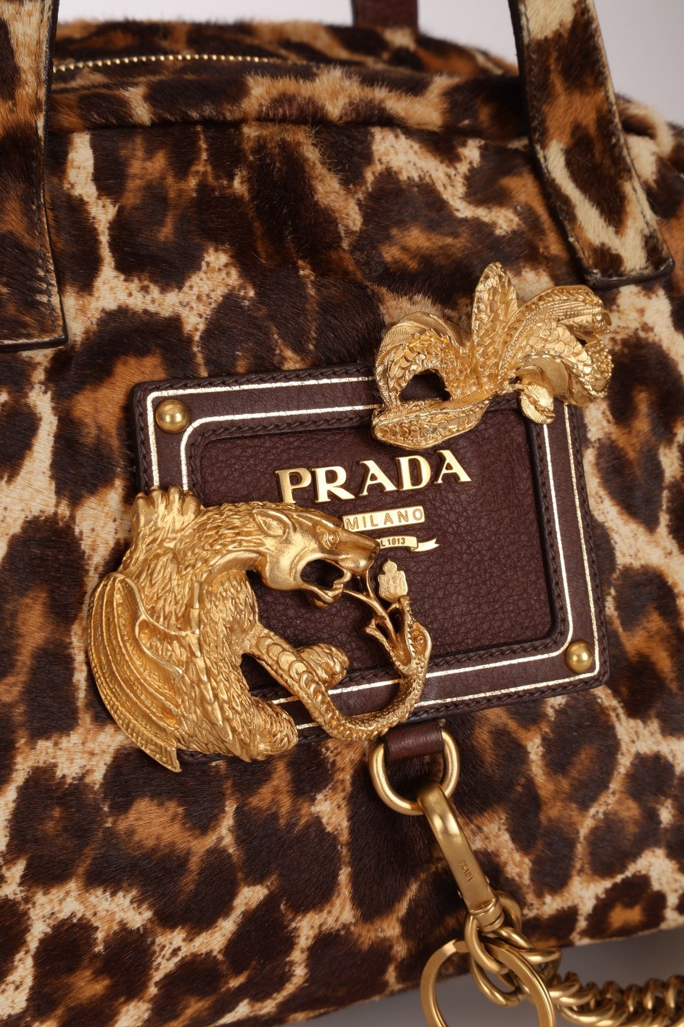 Prada Showline Collection Leopard Calfskin Gold Chain Bowling Tote - FashioNica