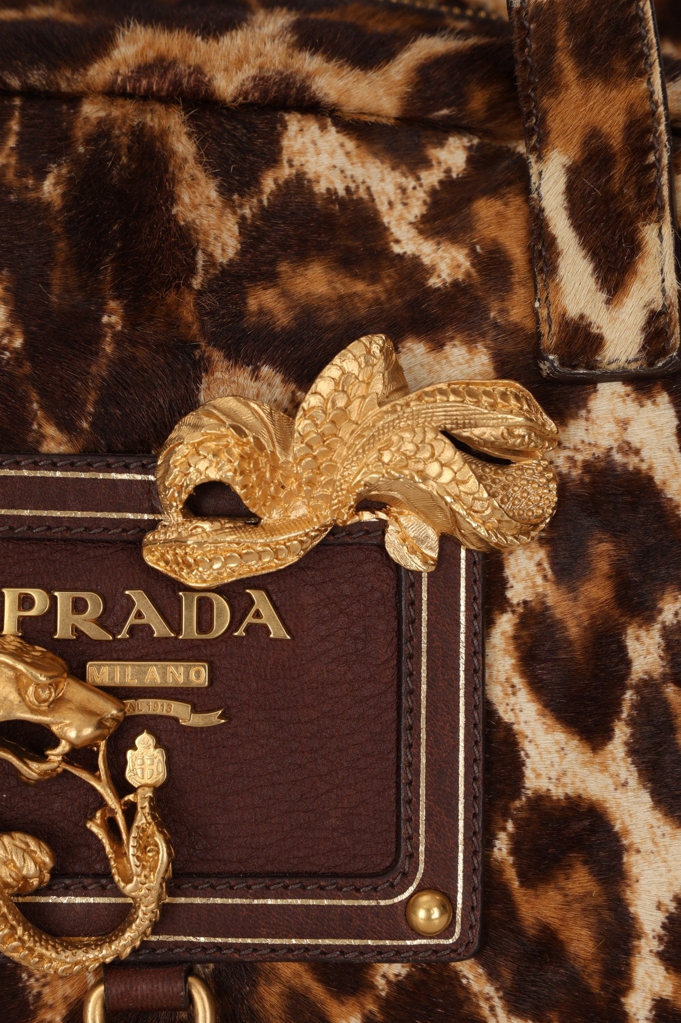 Prada Showline Collection Leopard Calfskin Gold Chain Bowling Tote - FashioNica