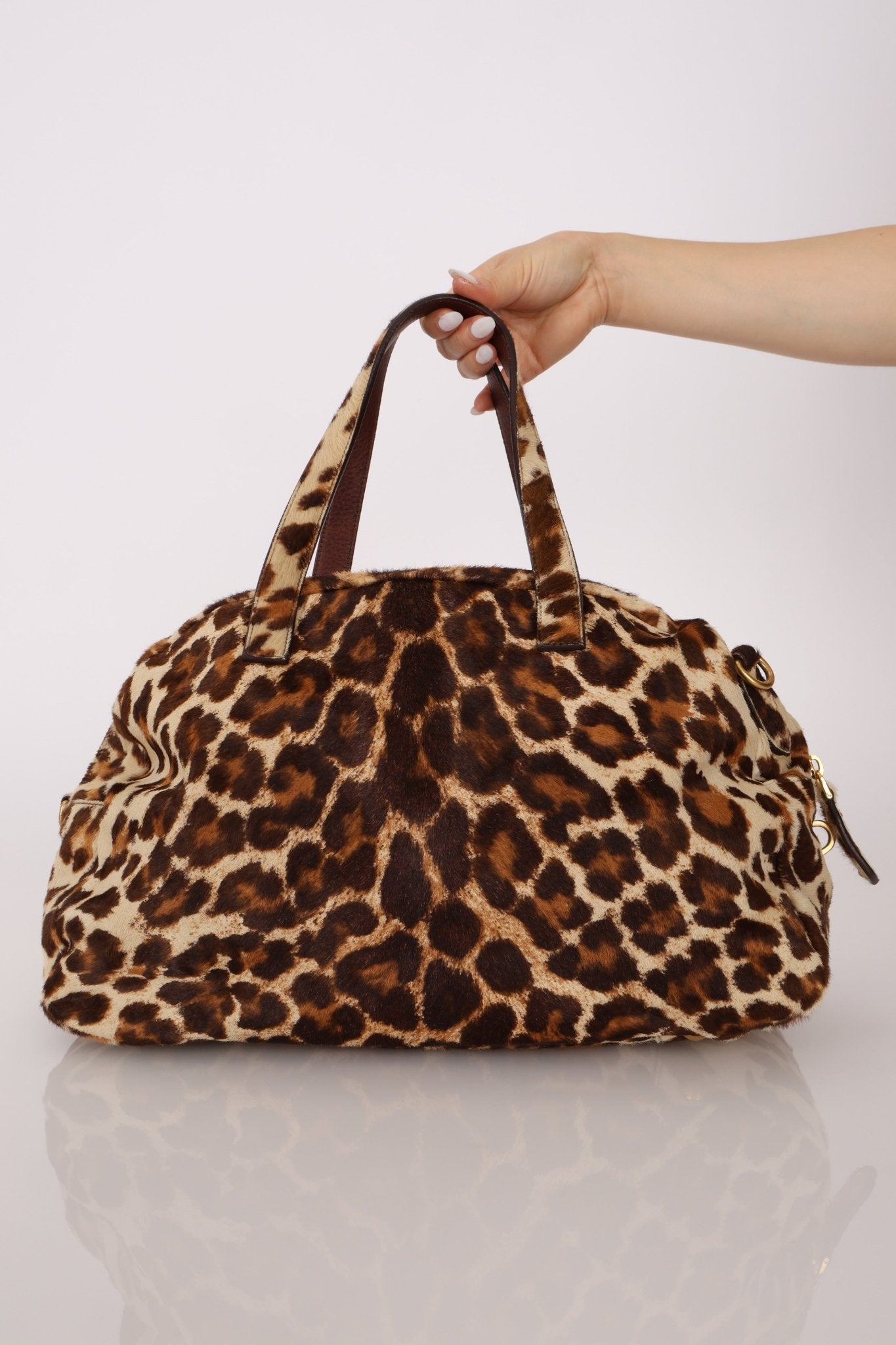 Prada Showline Collection Leopard Calfskin Gold Chain Bowling Tote - FashioNica