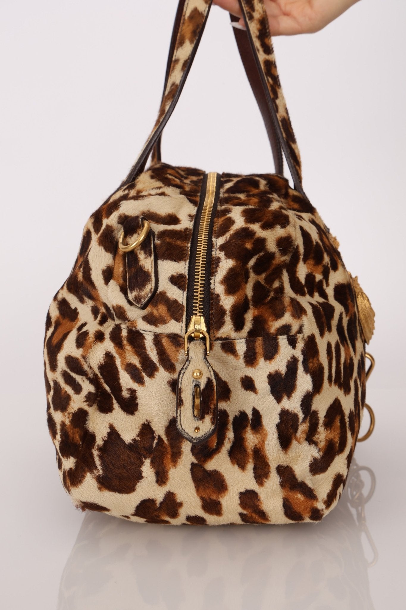 Prada Showline Collection Leopard Calfskin Gold Chain Bowling Tote - FashioNica