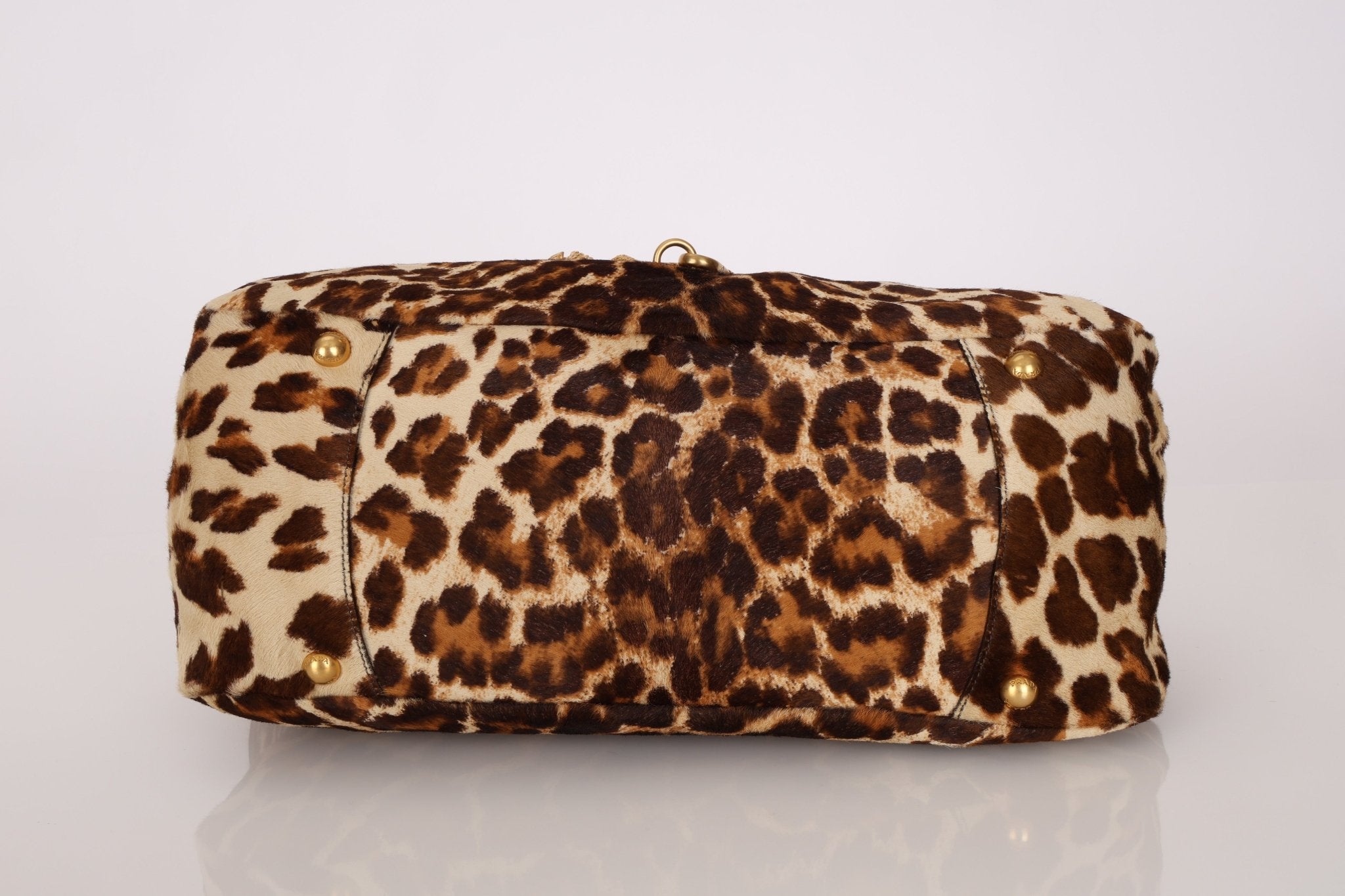 Prada Showline Collection Leopard Calfskin Gold Chain Bowling Tote - FashioNica