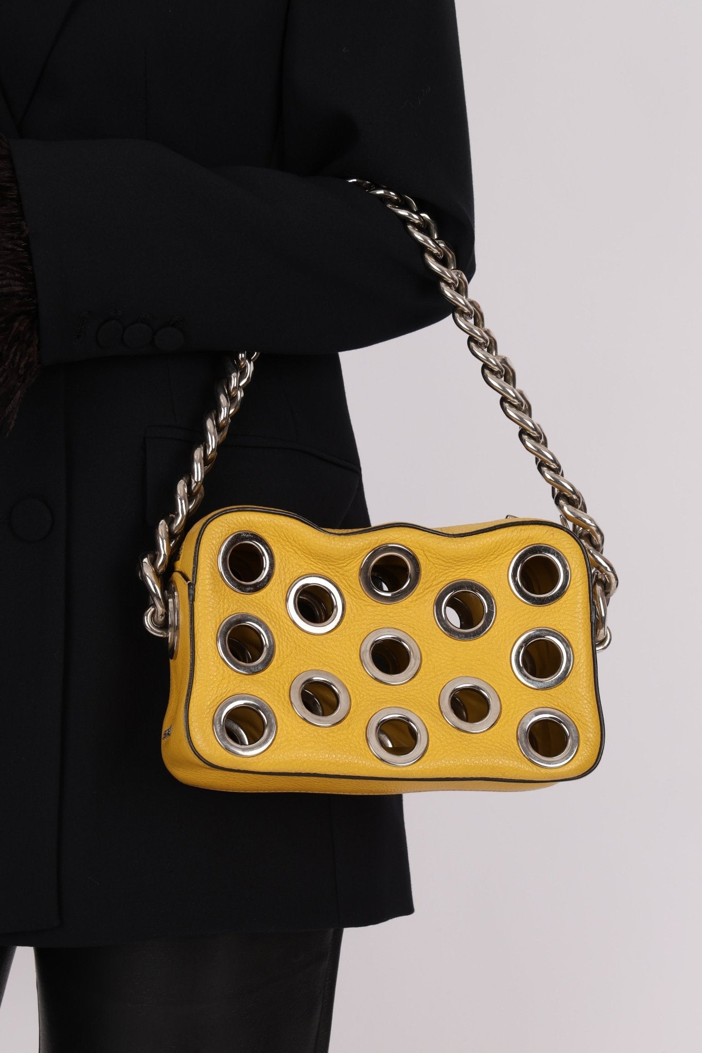 Prada Vitello Lemon Daino Grommet Chain Bag - FashioNica