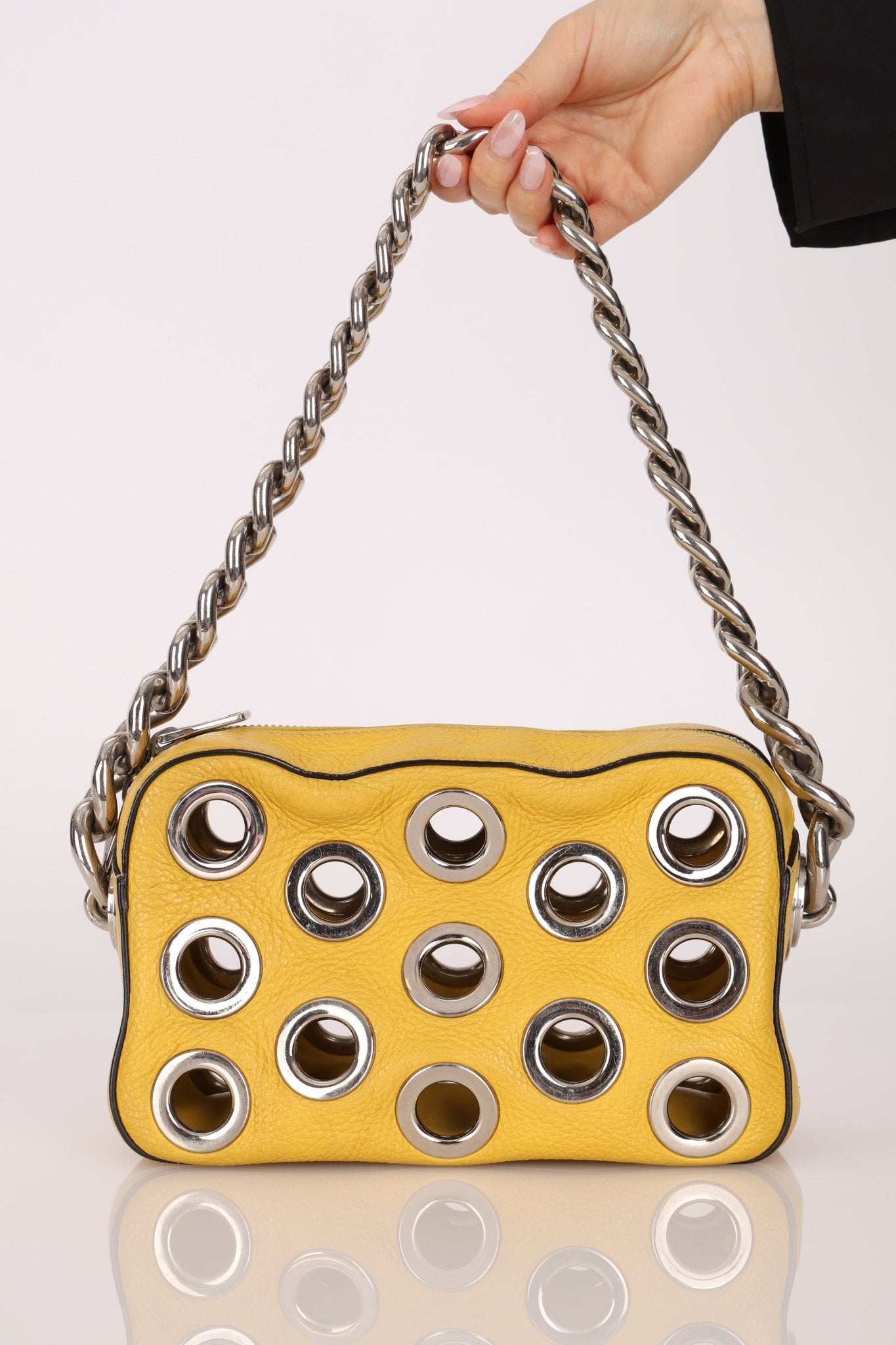 Prada Vitello Lemon Daino Grommet Chain Bag - FashioNica