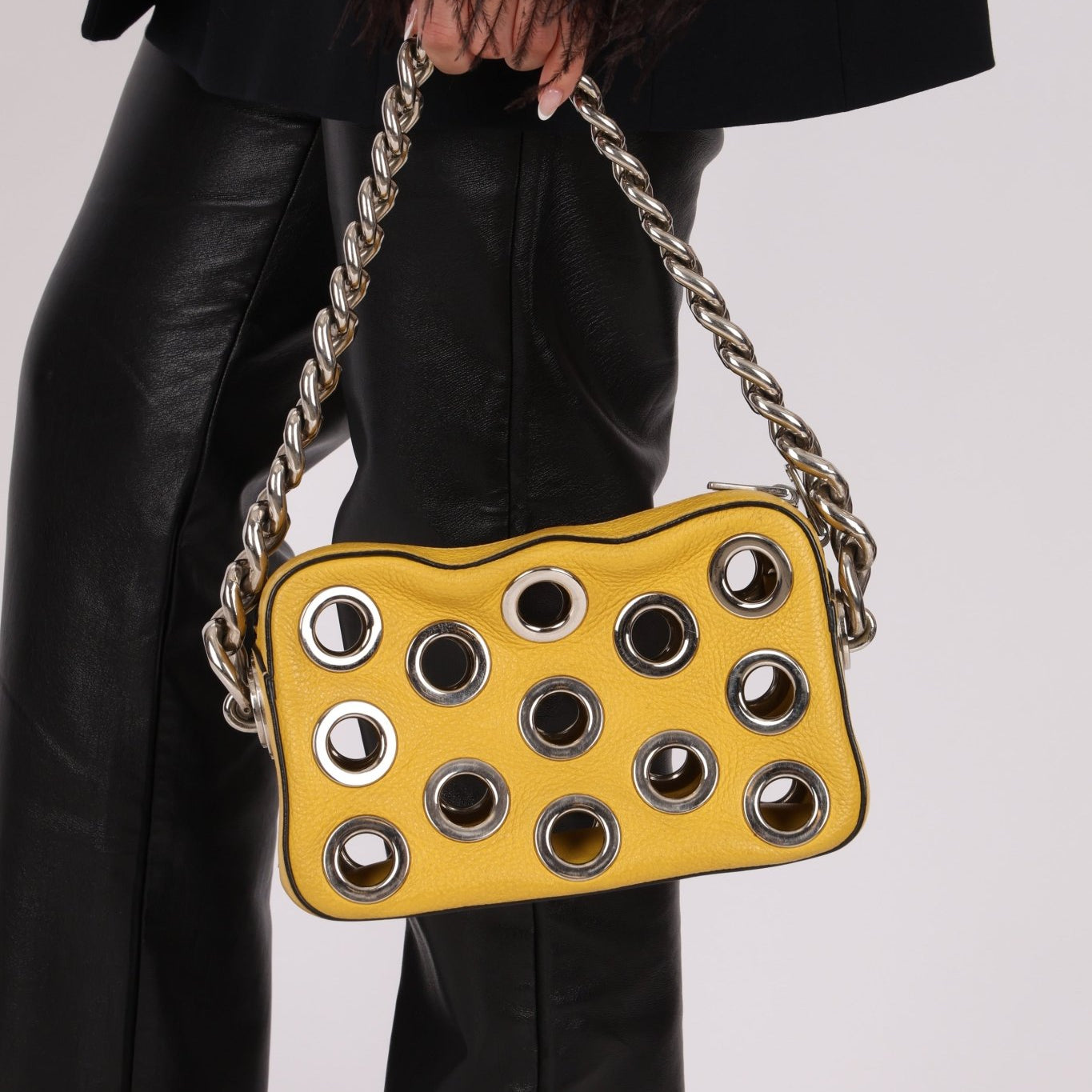 Prada Vitello Lemon Daino Grommet Chain Bag - FashioNica