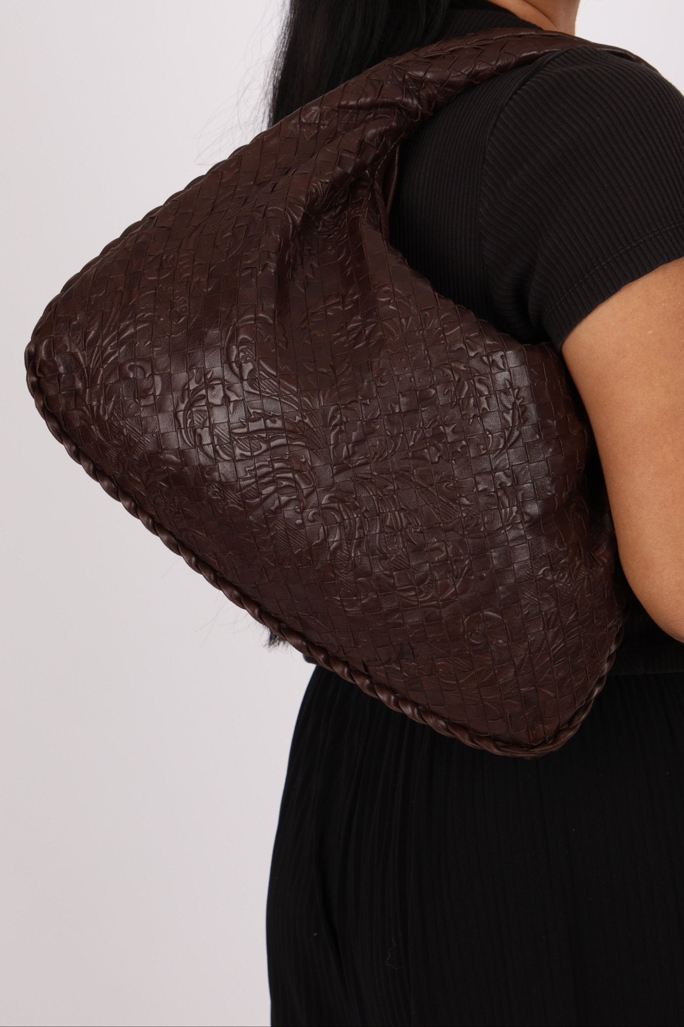 Rare Bottega Veneta Chocolate Embossed Small Intrecciato Hobo - FashioNica