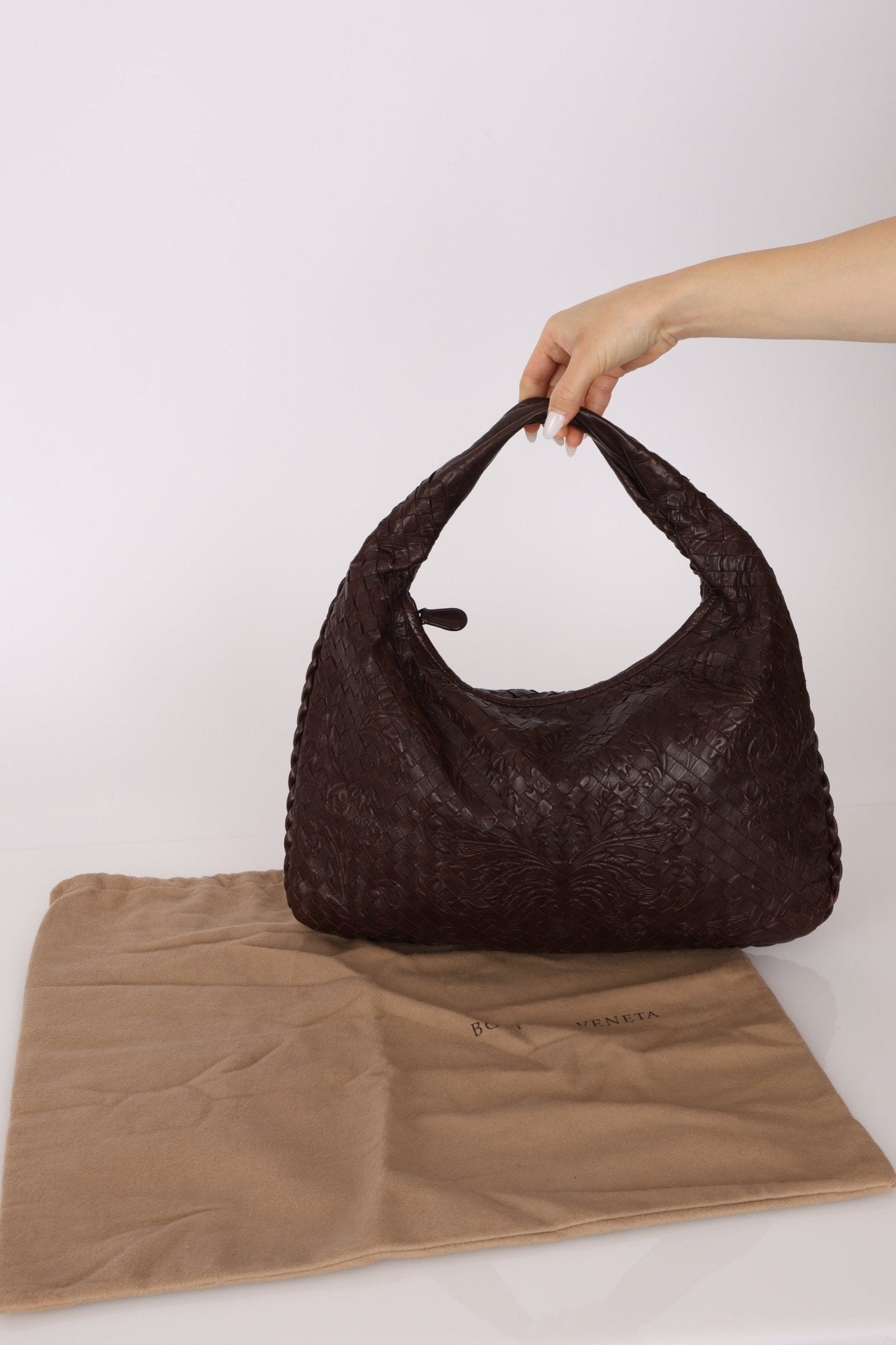 Rare Bottega Veneta Chocolate Embossed Small Intrecciato Hobo - FashioNica