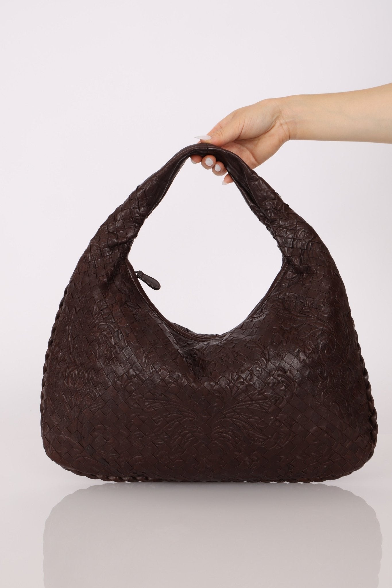 Rare Bottega Veneta Chocolate Embossed Small Intrecciato Hobo - FashioNica