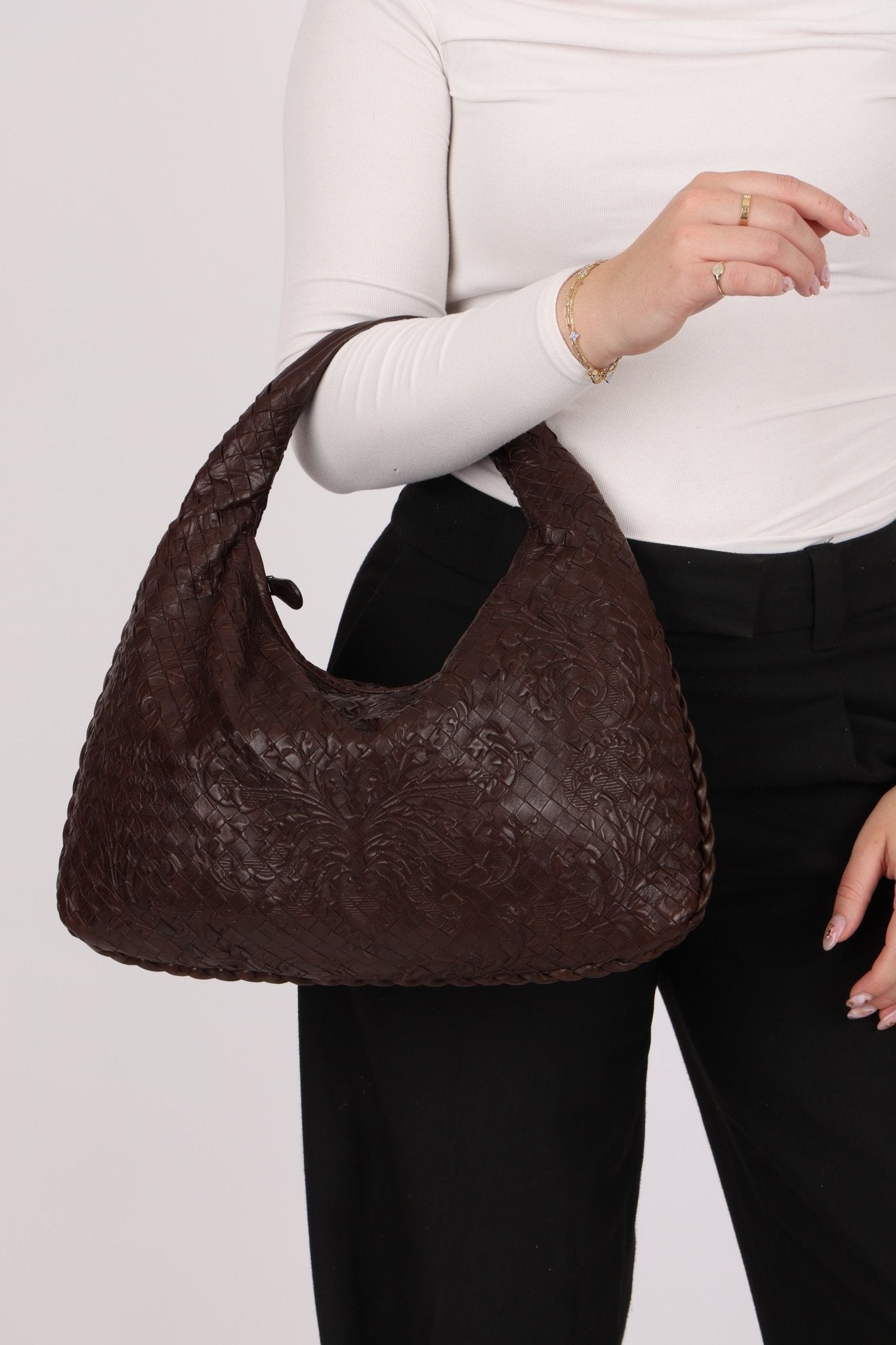 Rare Bottega Veneta Chocolate Embossed Small Intrecciato Hobo - FashioNica