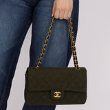 Rare Chanel 1987 Green Wool Medium Classic Flap 24KGP - FashioNica