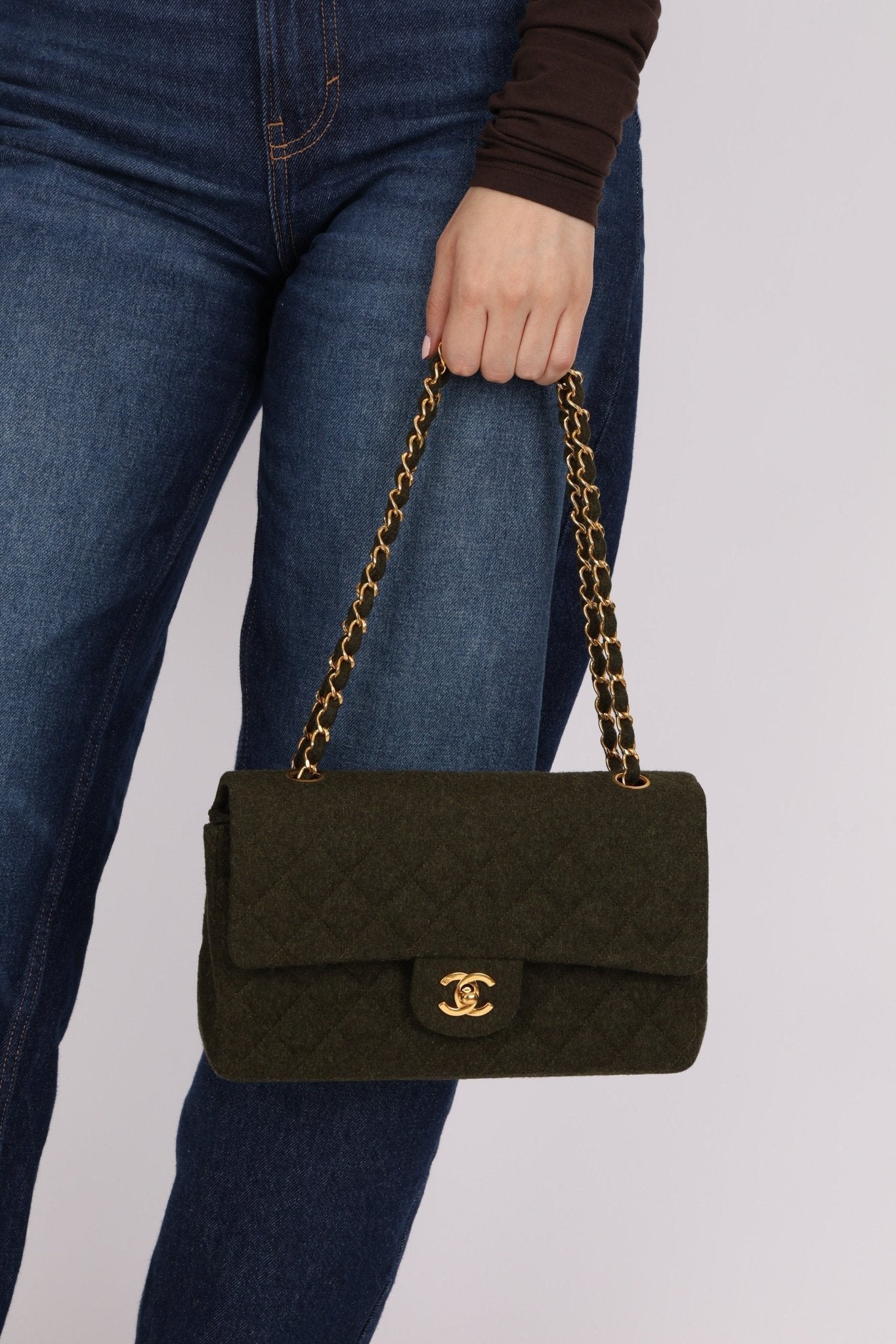 Rare Chanel 1987 Green Wool Medium Classic Flap 24KGP - FashioNica