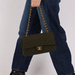 Rare Chanel 1987 Green Wool Medium Classic Flap 24KGP - FashioNica