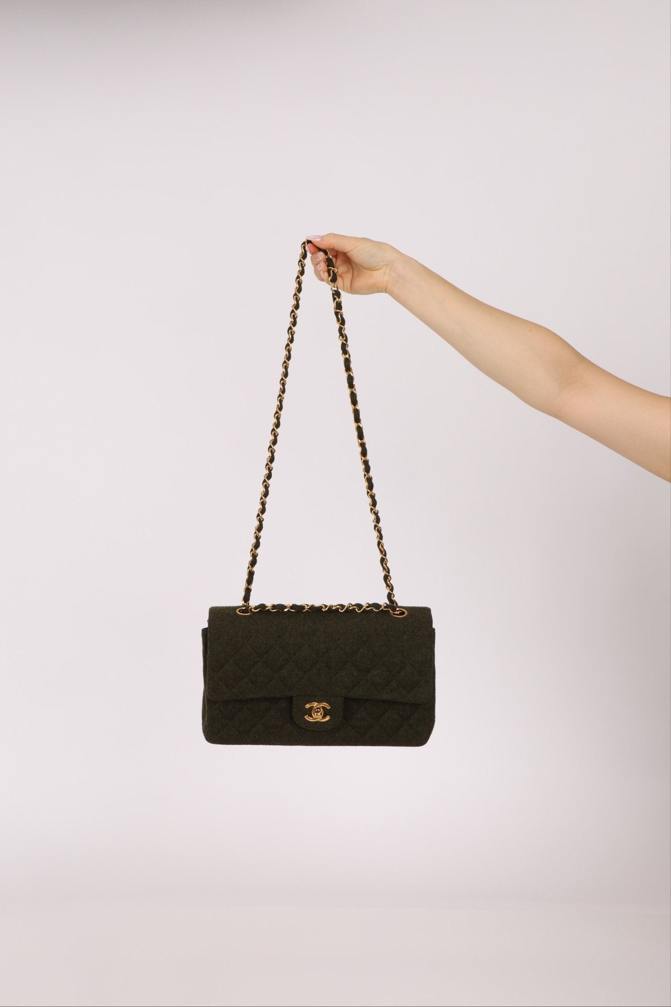 Rare Chanel 1987 Green Wool Medium Classic Flap 24KGP - FashioNica