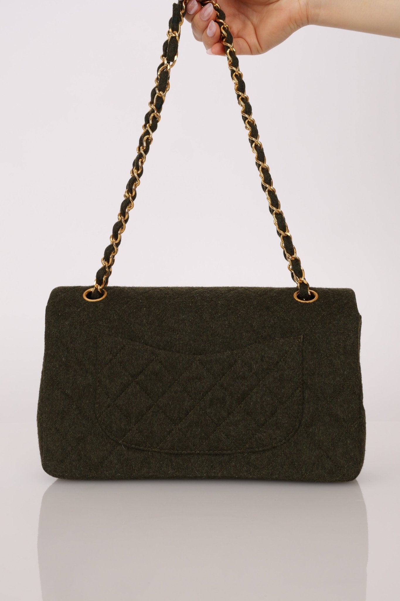 Rare Chanel 1987 Green Wool Medium Classic Flap 24KGP - FashioNica