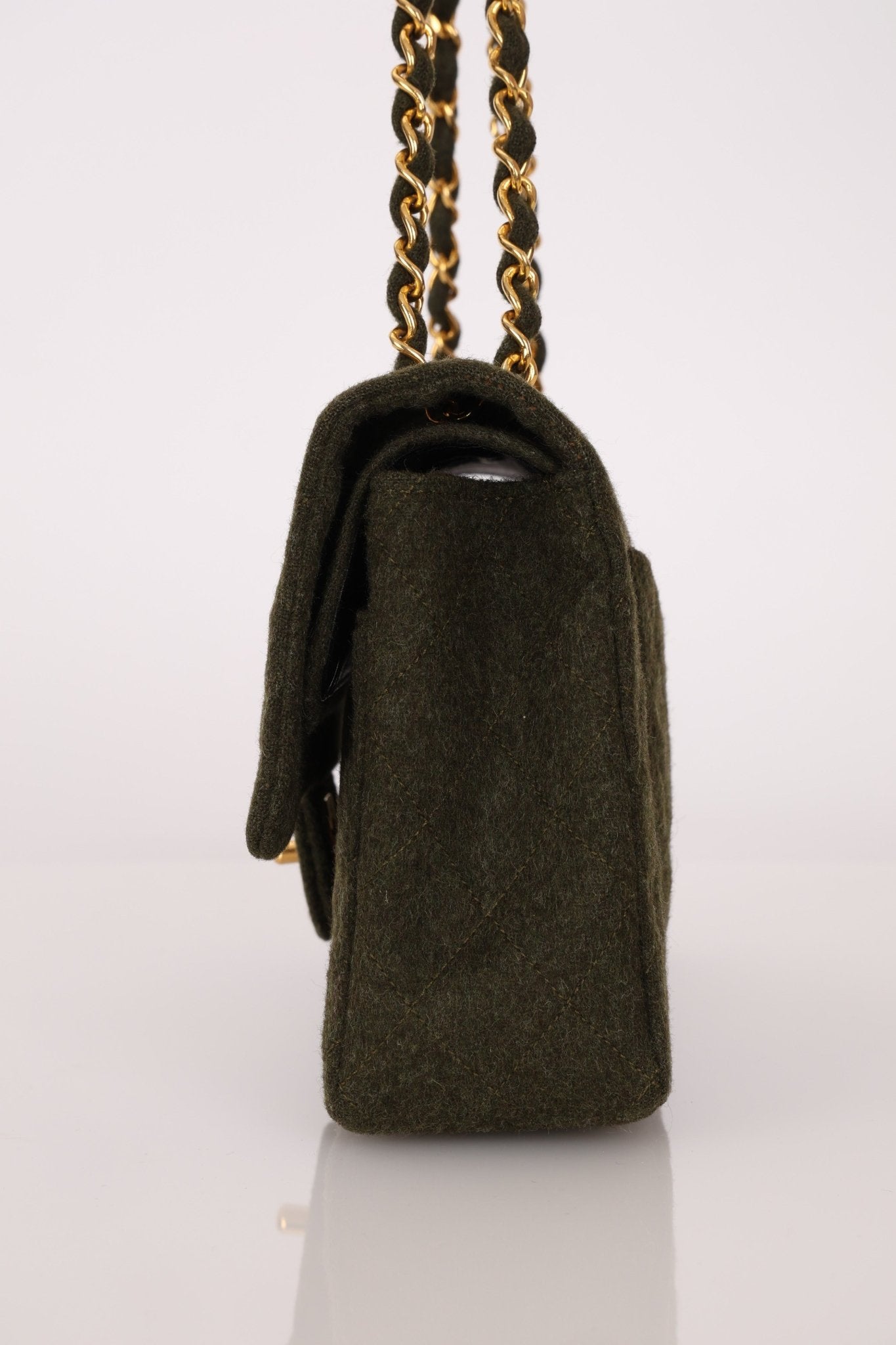 Rare Chanel 1987 Green Wool Medium Classic Flap 24KGP - FashioNica