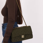 Rare Chanel 1987 Green Wool Medium Classic Flap 24KGP - FashioNica