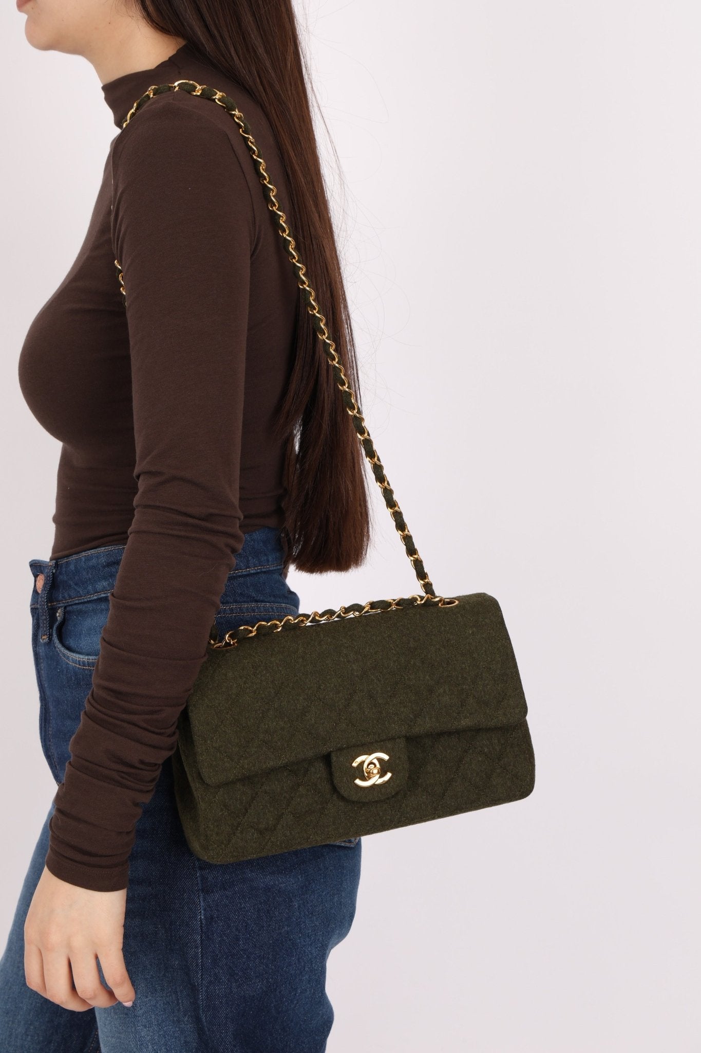 Rare Chanel 1987 Green Wool Medium Classic Flap 24KGP - FashioNica