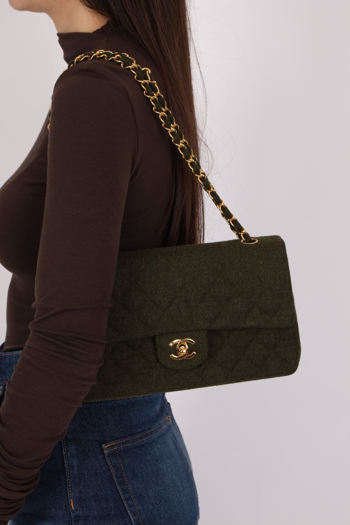 Rare Chanel 1987 Green Wool Medium Classic Flap 24KGP - FashioNica