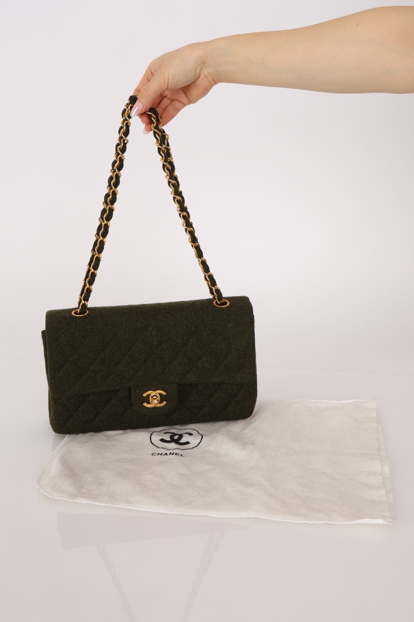 Rare Chanel 1987 Green Wool Medium Classic Flap 24KGP - FashioNica