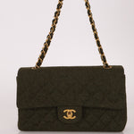 Rare Chanel 1987 Green Wool Medium Classic Flap 24KGP - FashioNica