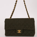 Rare Chanel 1987 Green Wool Medium Classic Flap 24KGP - FashioNica