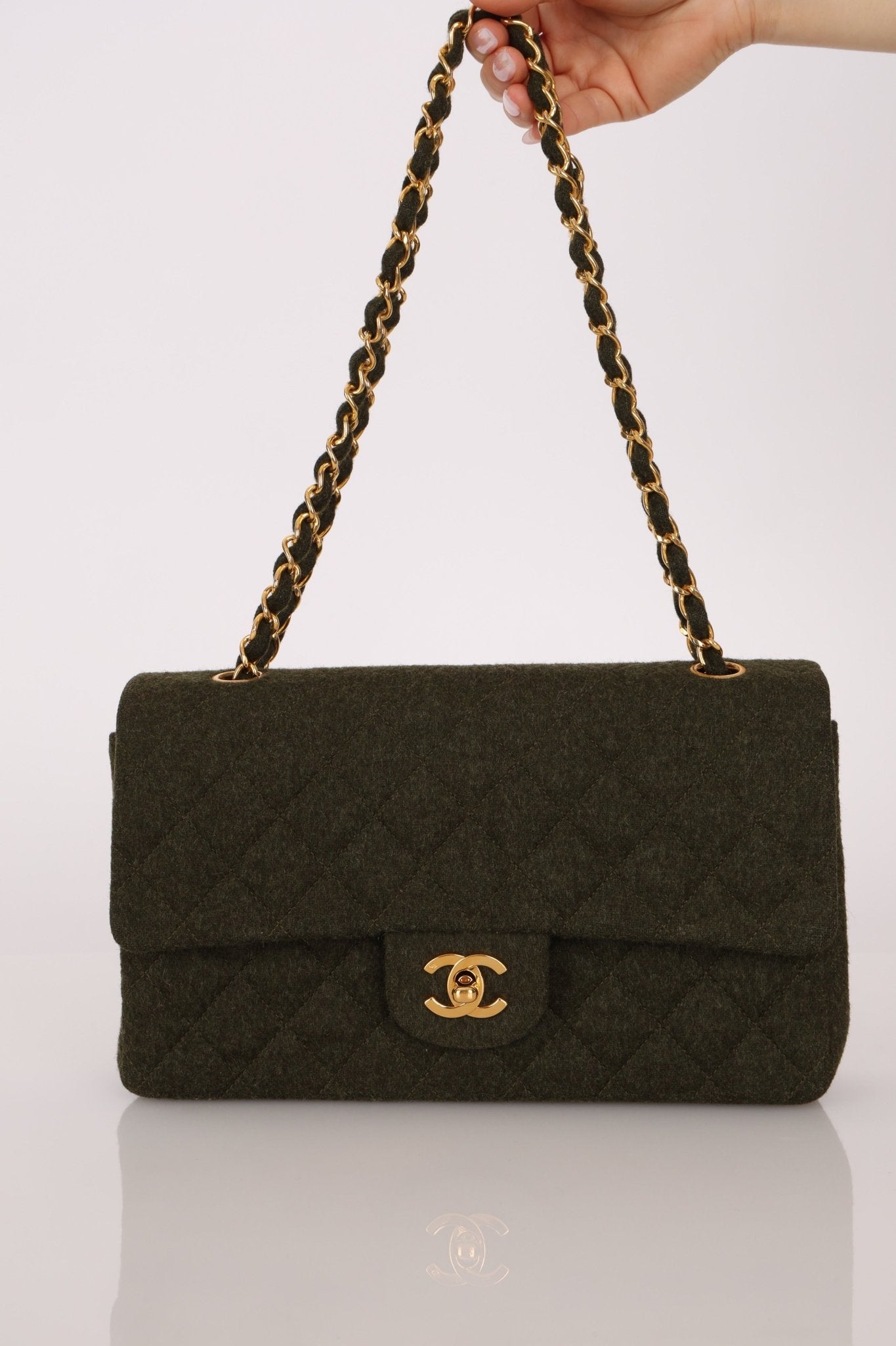 Rare Chanel 1987 Green Wool Medium Classic Flap 24KGP - FashioNica