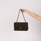 Rare Chanel 1987 Green Wool Medium Classic Flap 24KGP - FashioNica