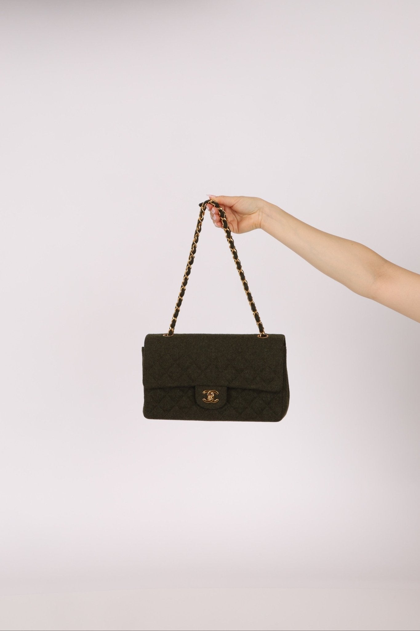 Rare Chanel 1987 Green Wool Medium Classic Flap 24KGP - FashioNica