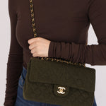 Rare Chanel 1987 Green Wool Medium Classic Flap 24KGP - FashioNica