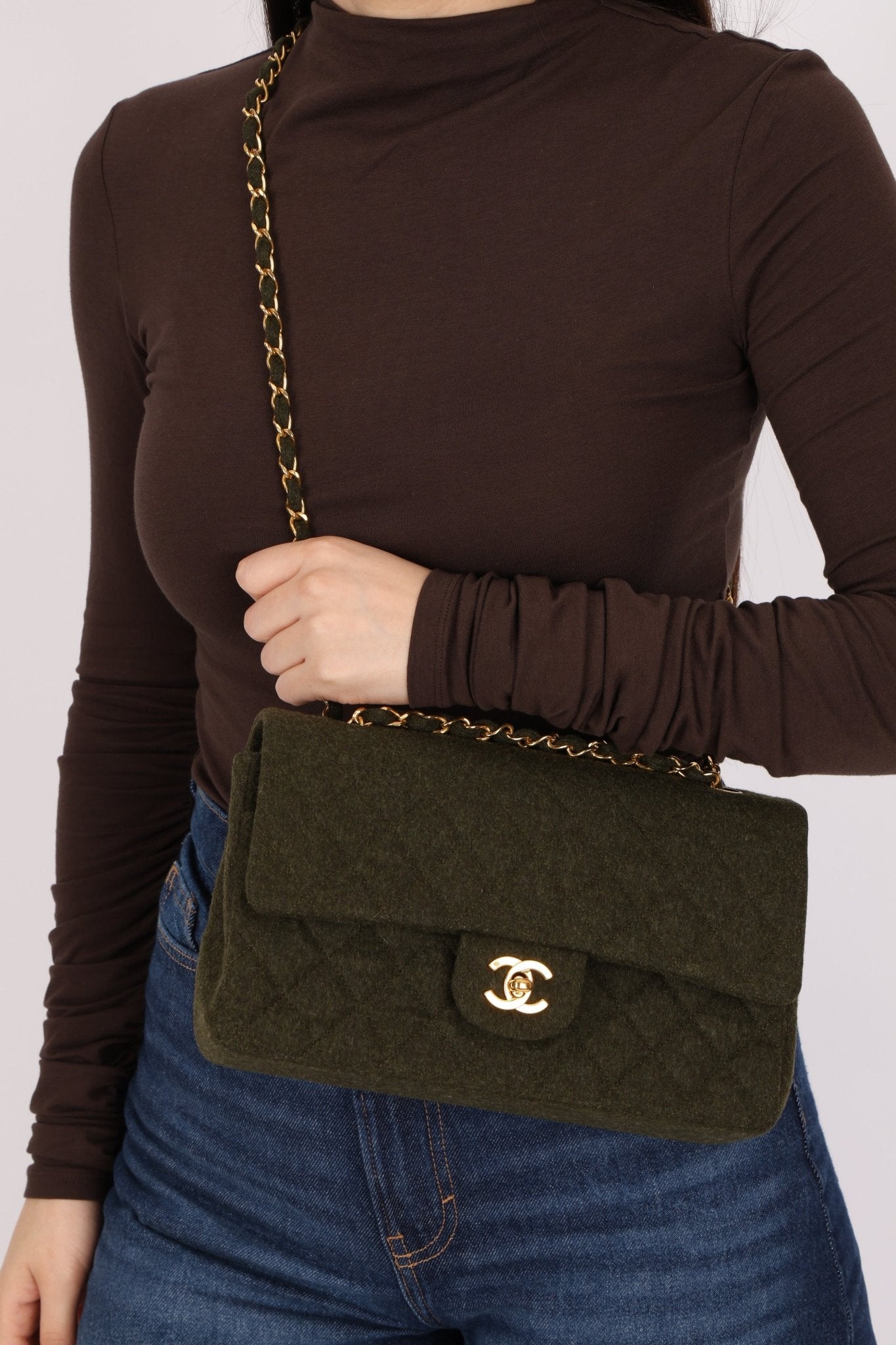 Rare Chanel 1987 Green Wool Medium Classic Flap 24KGP - FashioNica