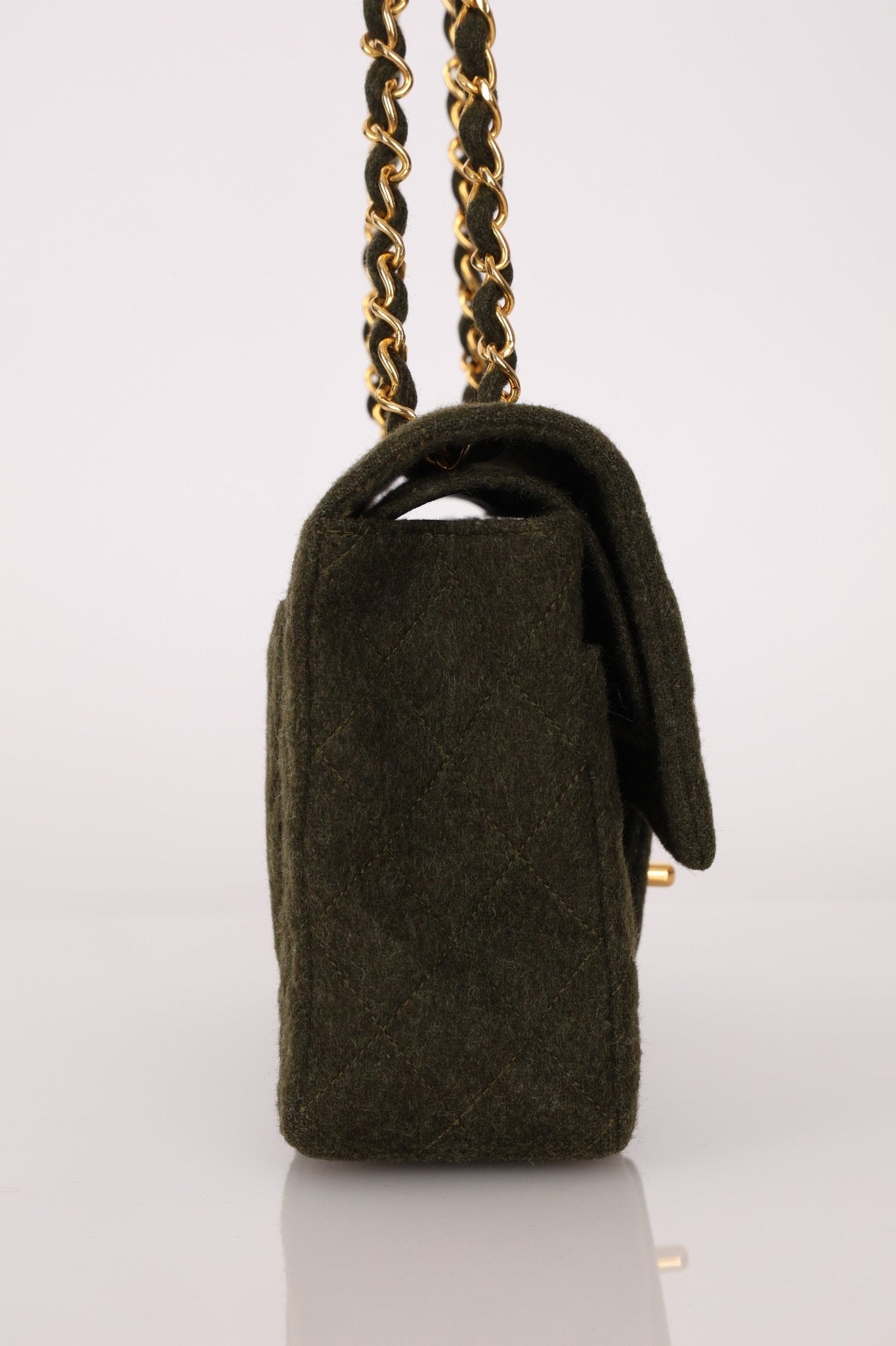 Rare Chanel 1987 Green Wool Medium Classic Flap 24KGP - FashioNica